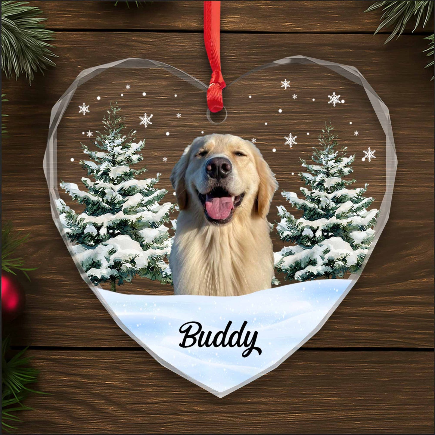 Joyful Dog Amidst Snowy Trees Ornament