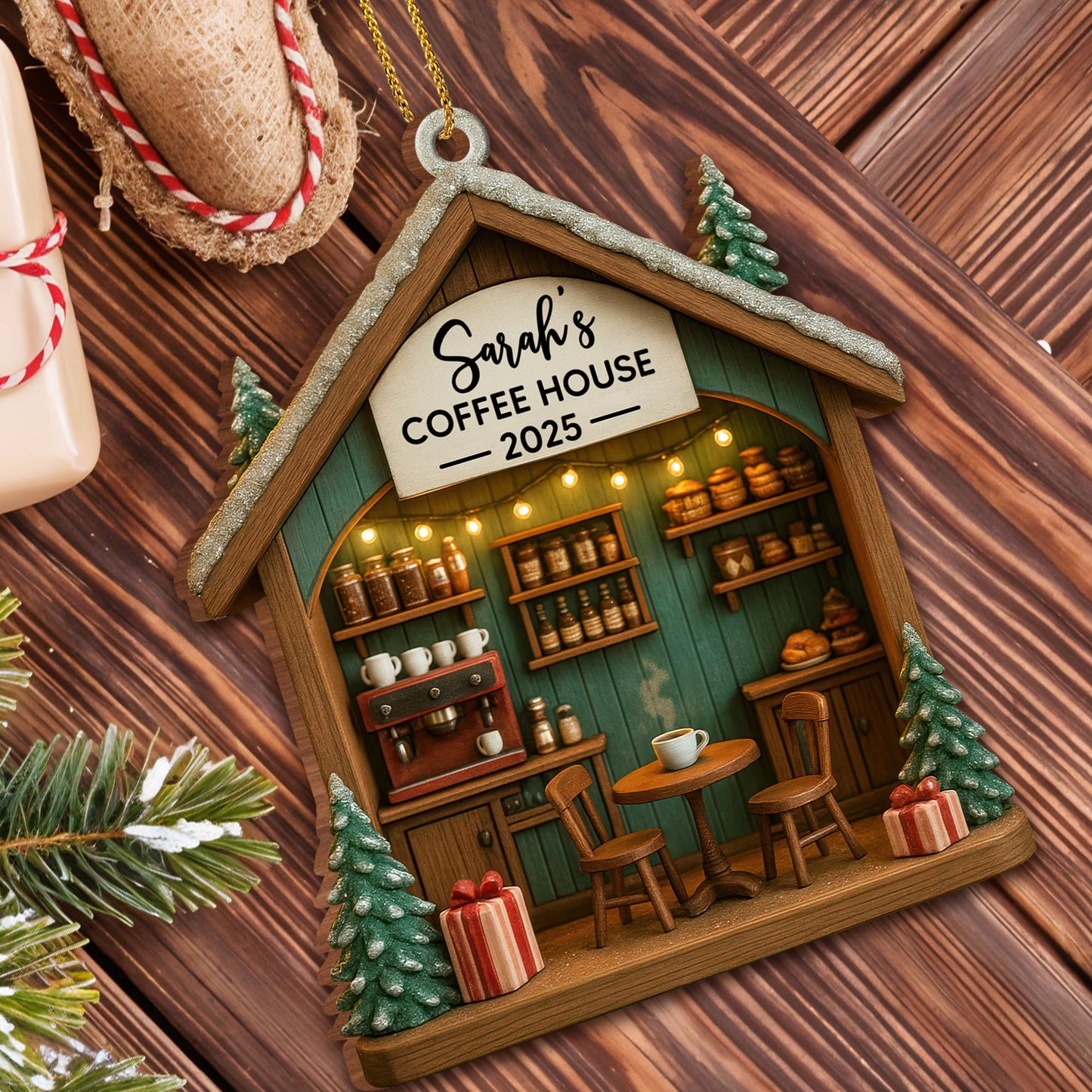 Personalized Cafe Christmas Ornament With Coffee House