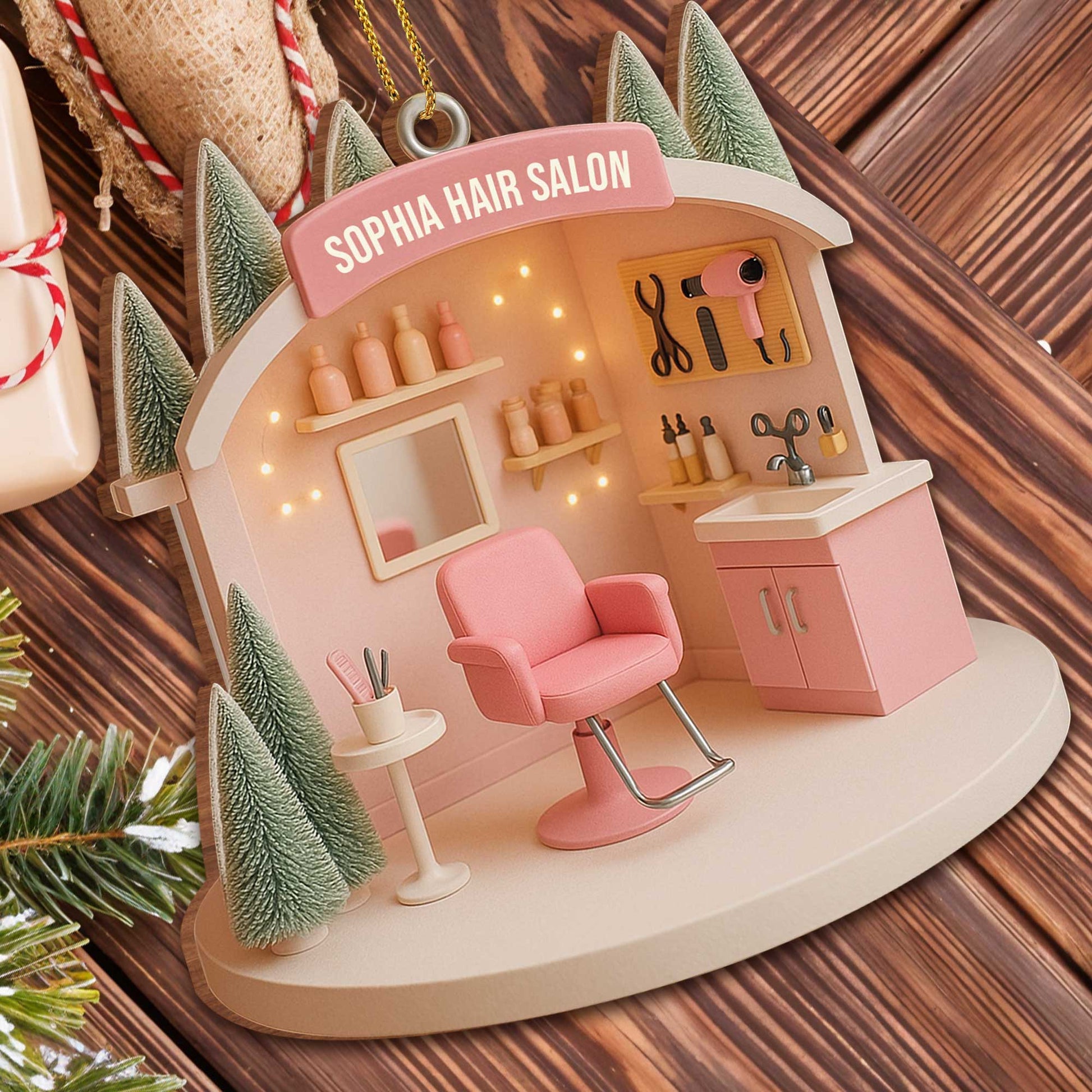 Customizable Salon-Themed Ornament Featuring Salon Chair and Tools