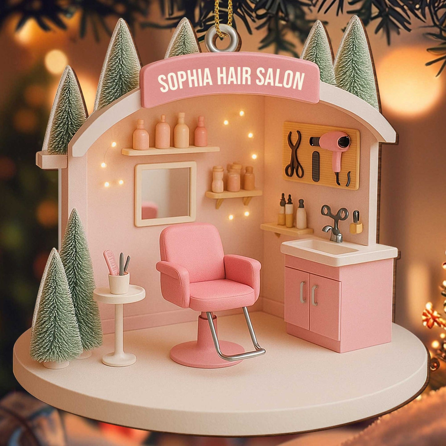 Customizable Salon-Themed Ornament Featuring Salon Chair and Tools