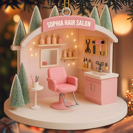 Customizable Salon-Themed Ornament Featuring Salon Chair and Tools