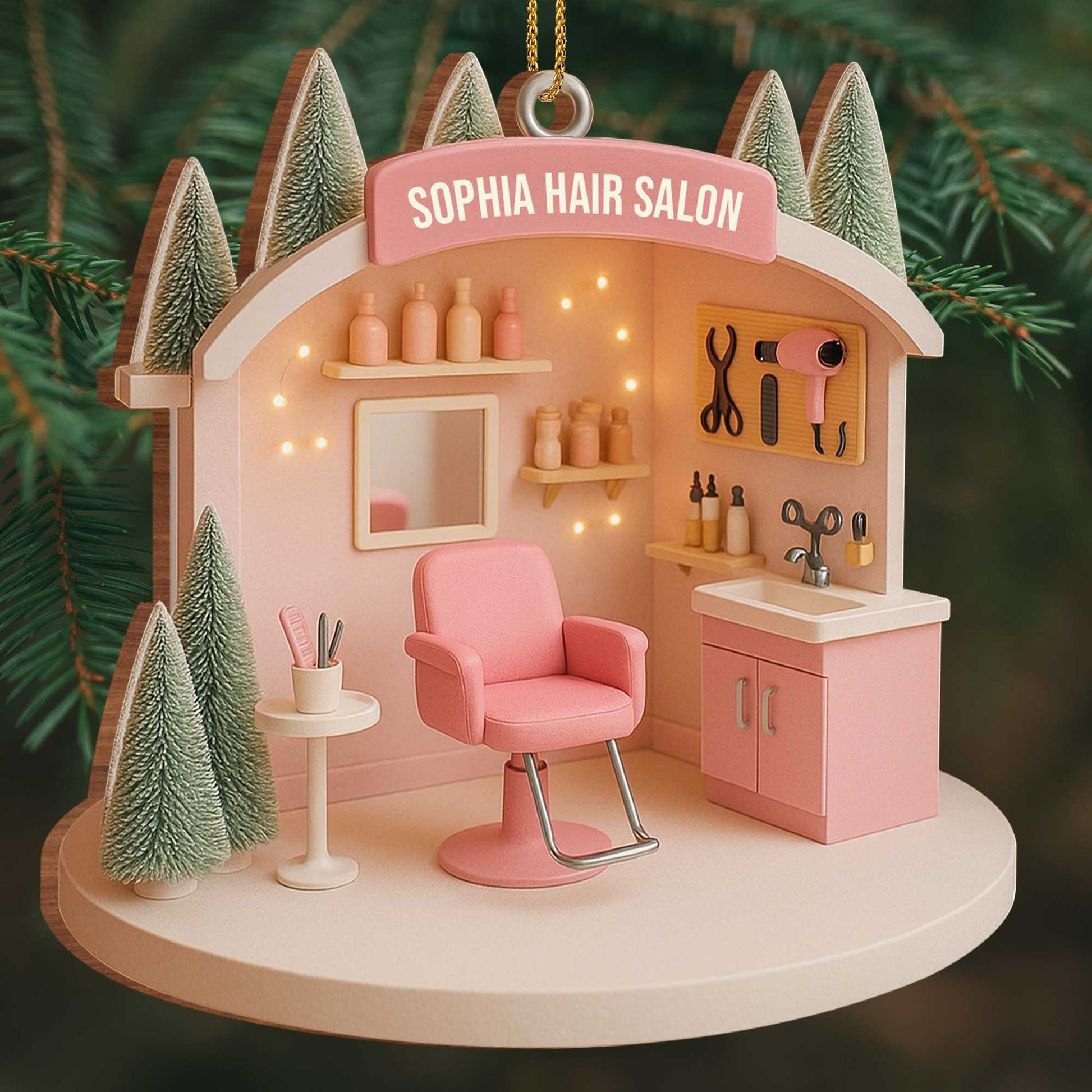 Customizable Salon-Themed Ornament Featuring Salon Chair and Tools