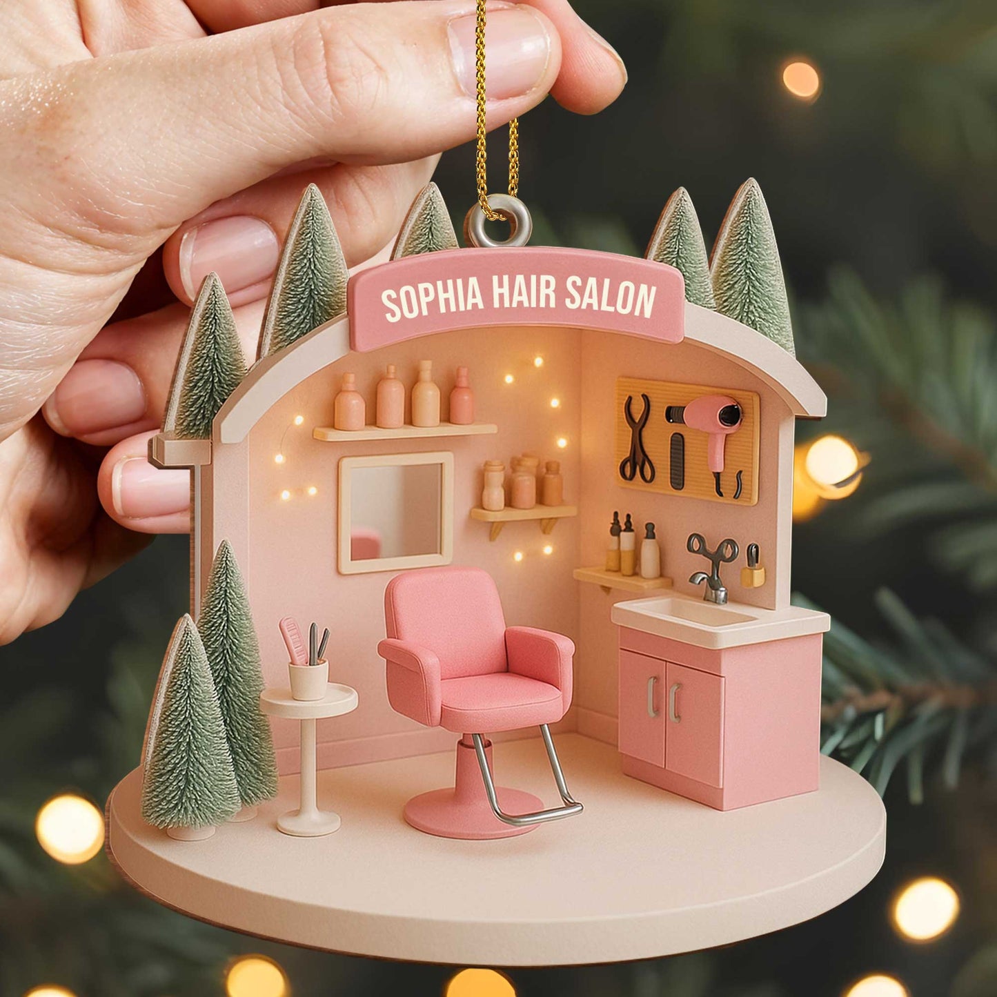 Customizable Salon-Themed Ornament Featuring Salon Chair and Tools