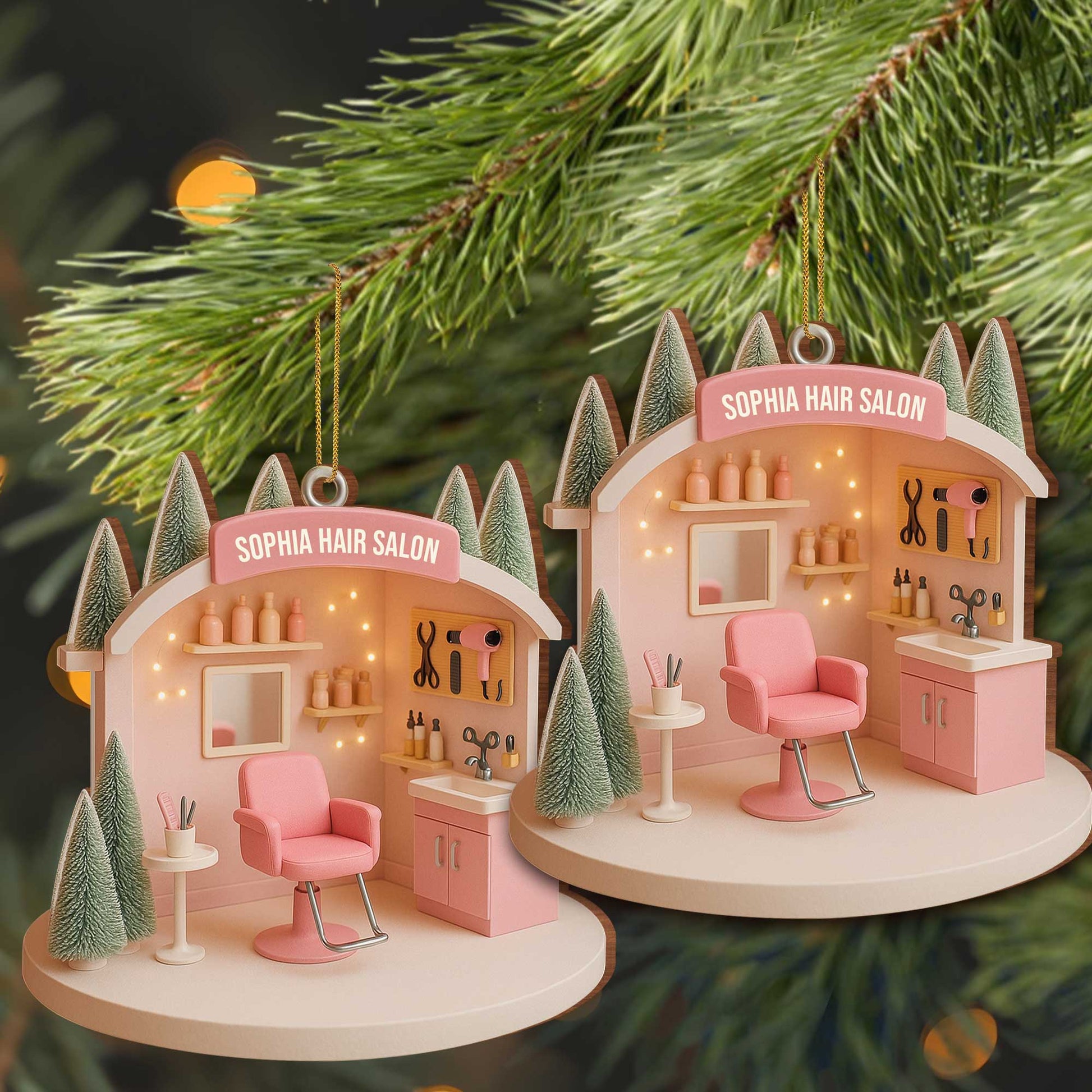 Customizable Salon-Themed Ornament Featuring Salon Chair and Tools