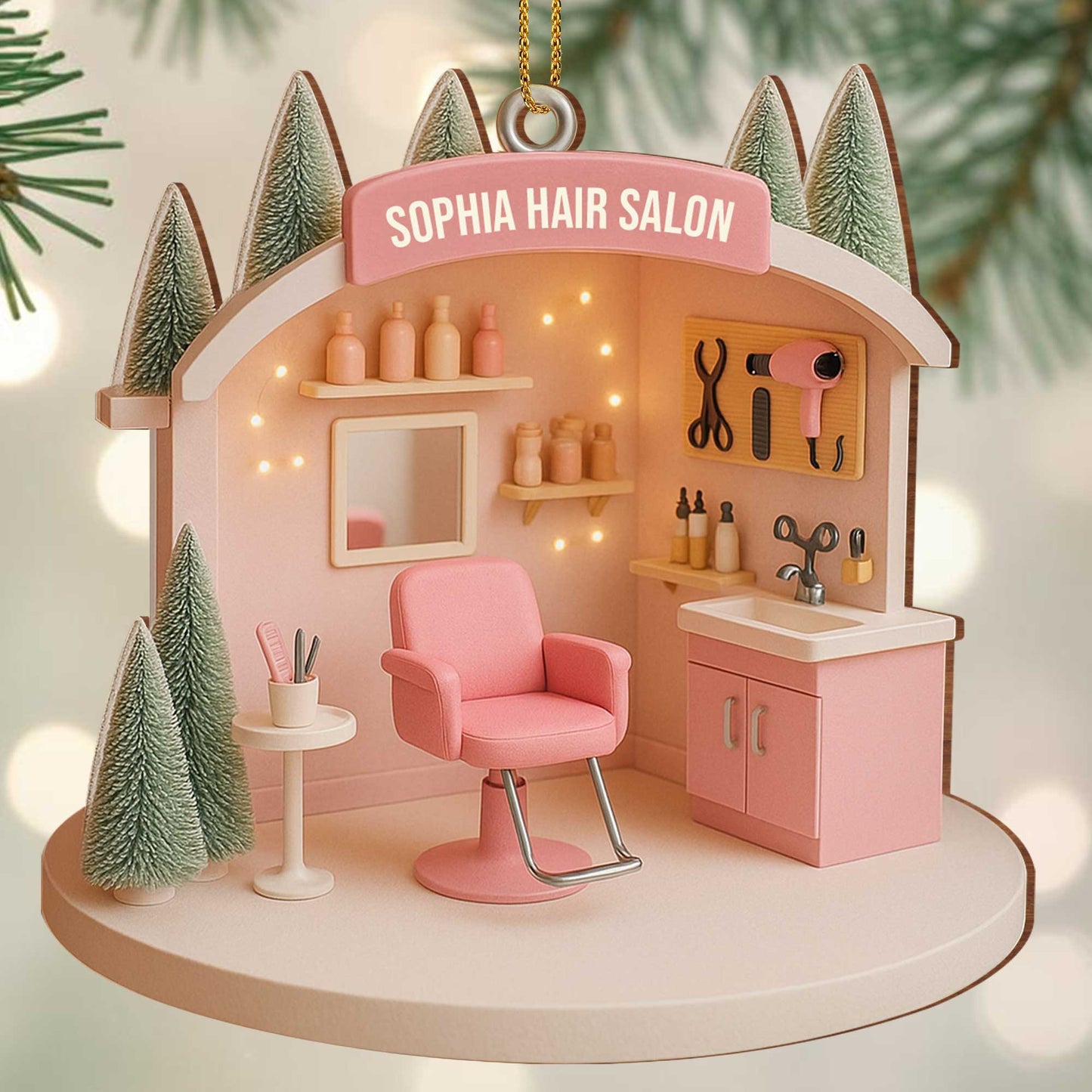 Customizable Salon-Themed Ornament Featuring Salon Chair and Tools