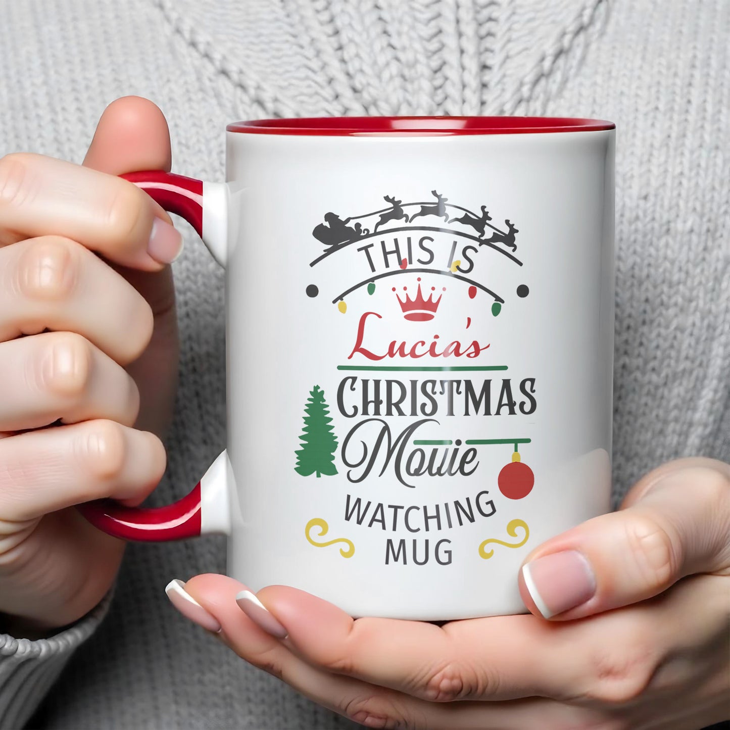Christmas Movie Watching Mug With Tree, Sleigh, Ornament
