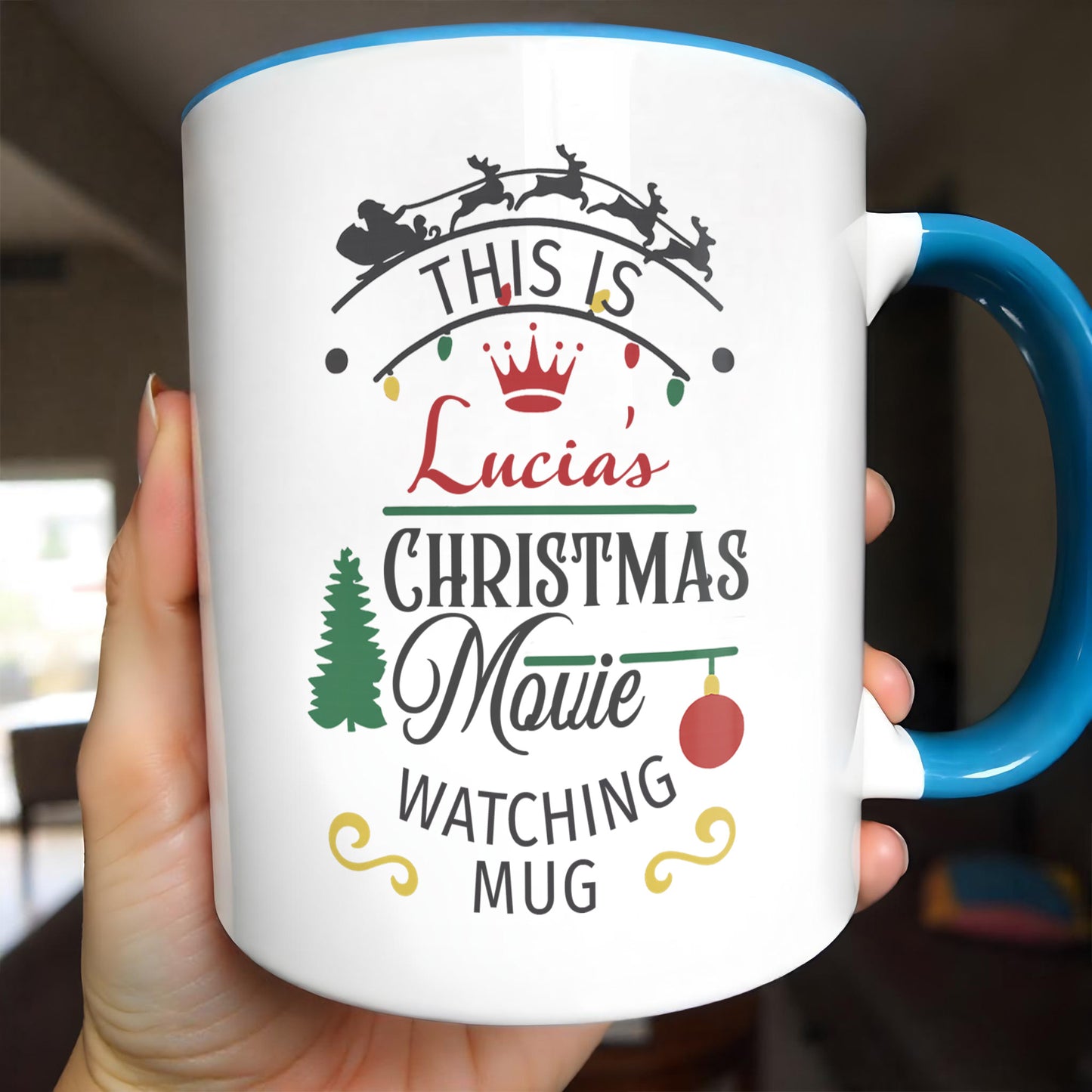 Christmas Movie Watching Mug With Tree, Sleigh, Ornament