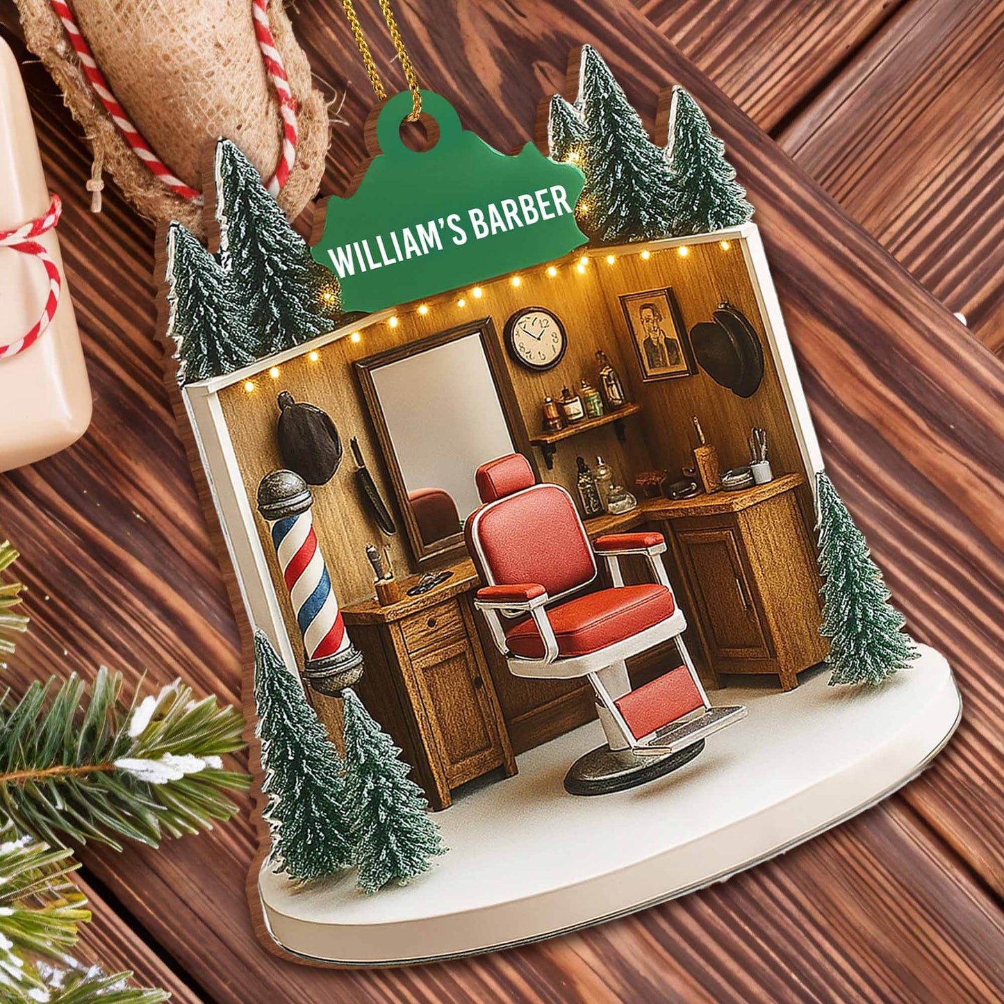 William's Barber, Barber Chair And Pole - Personalized Custom Wood Ornament, Custom Shaped - XMAS067_WDO