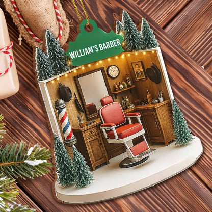 William's Barber, Barber Chair And Pole - Personalized Custom Wood Ornament, Custom Shaped - XMAS067_WDO
