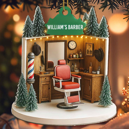 William's Barber, Barber Chair And Pole - Personalized Custom Wood Ornament, Custom Shaped - XMAS067_WDO