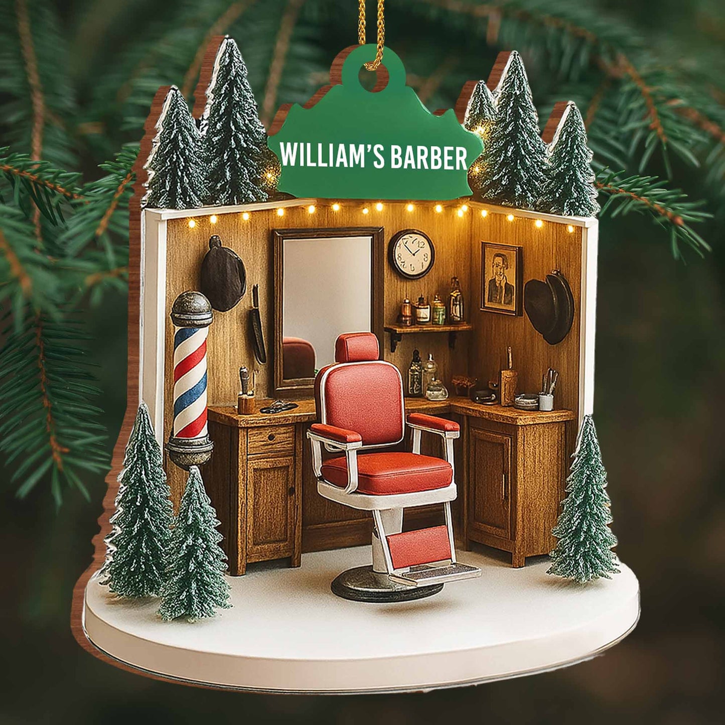 William's Barber, Barber Chair And Pole - Personalized Custom Wood Ornament, Custom Shaped - XMAS067_WDO