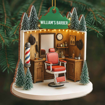 William's Barber, Barber Chair And Pole - Personalized Custom Wood Ornament, Custom Shaped - XMAS067_WDO