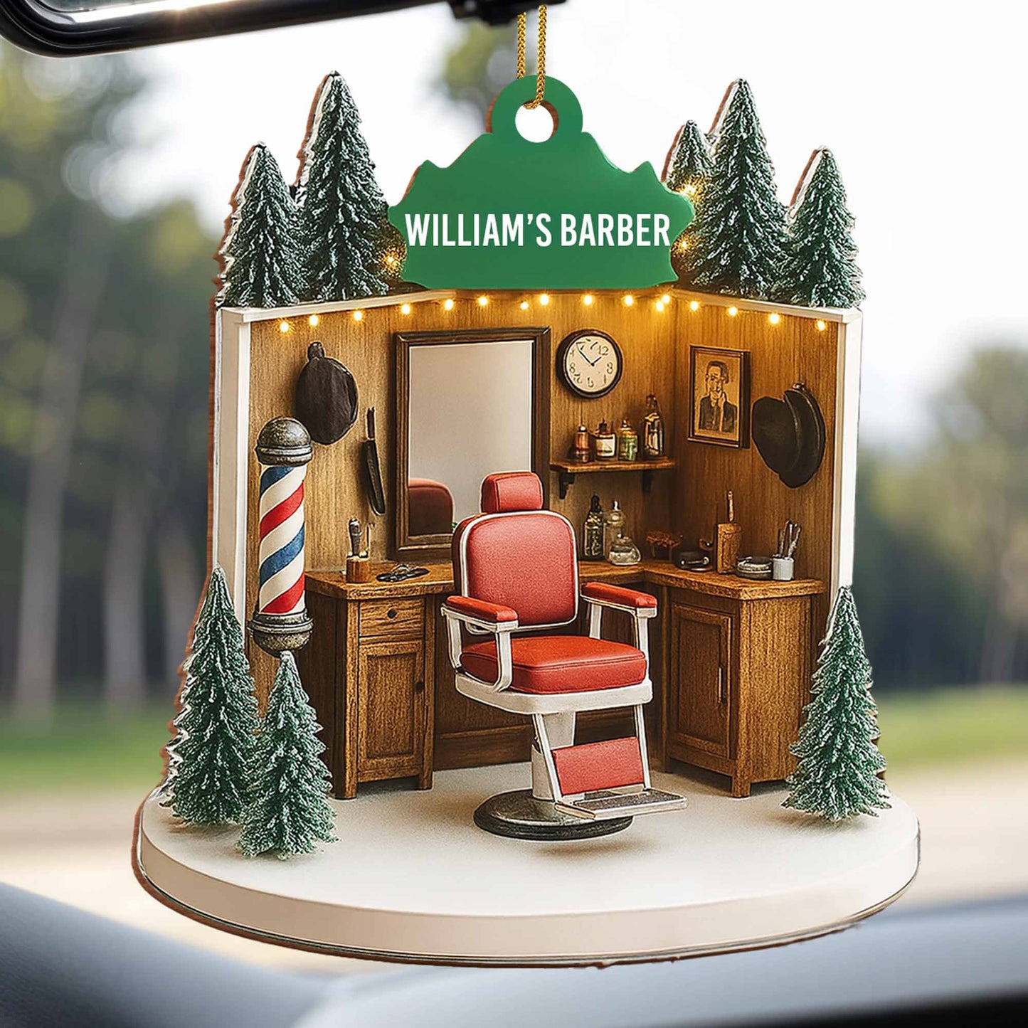 William's Barber, Barber Chair And Pole - Personalized Custom Wood Ornament, Custom Shaped - XMAS067_WDO