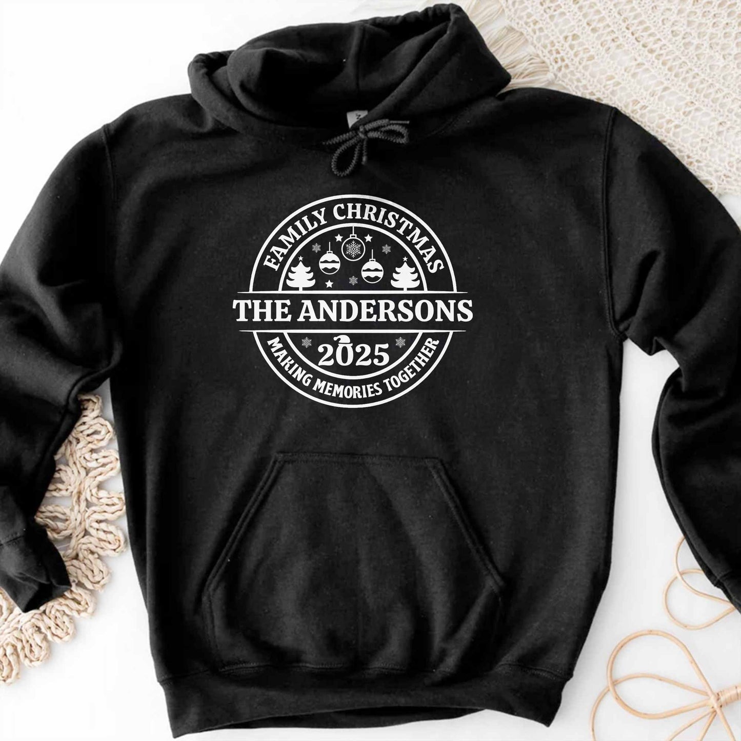 Family Christmas Making Memories Together With Christmas Trees And Ornaments