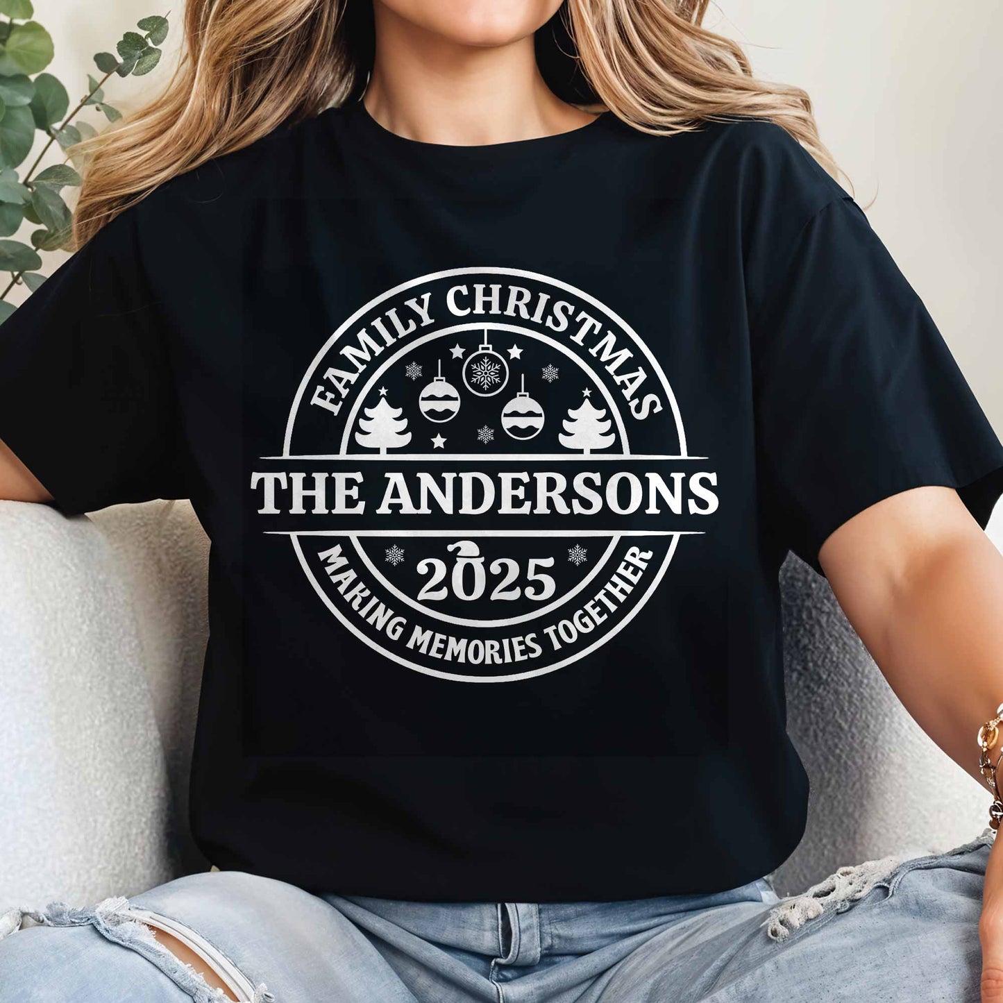 Family Christmas Making Memories Together With Christmas Trees And Ornaments