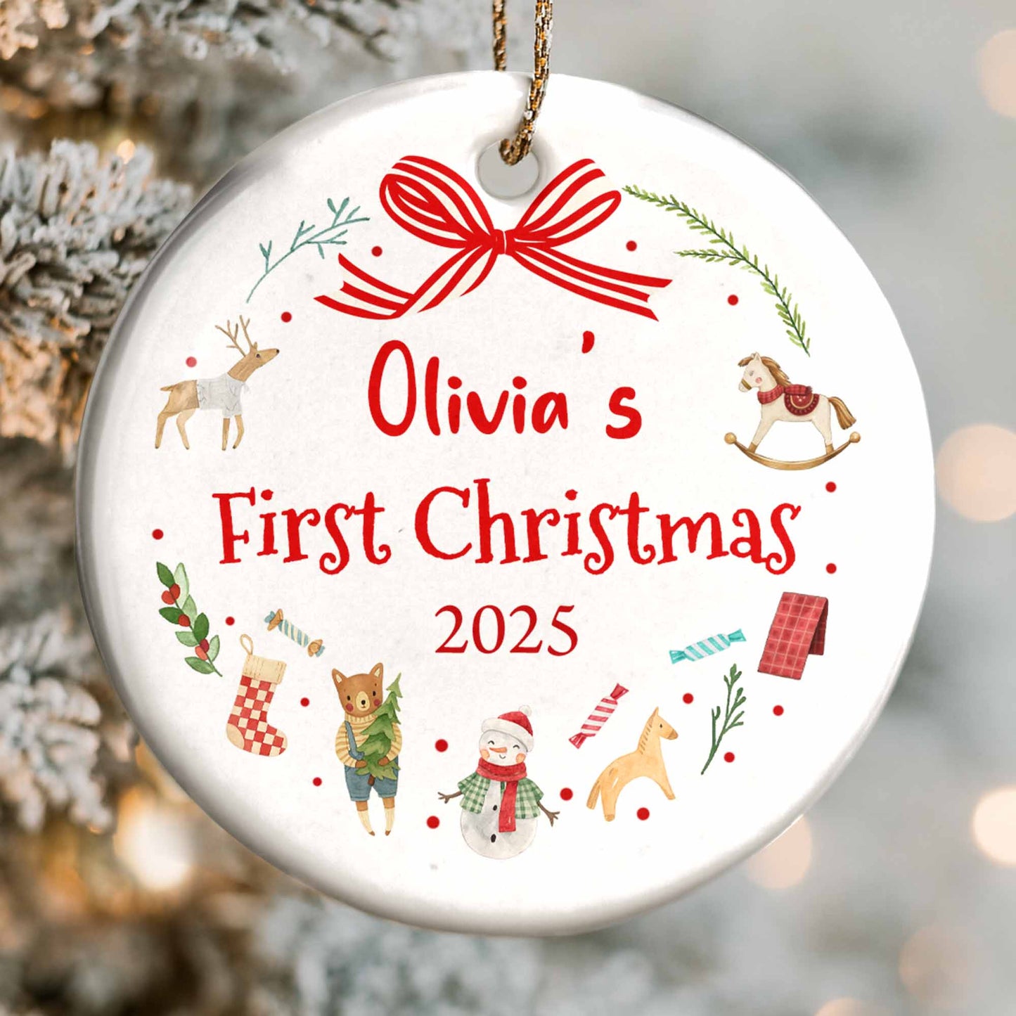 First Christmas With Reindeer, Rocking Horse, and Snowman