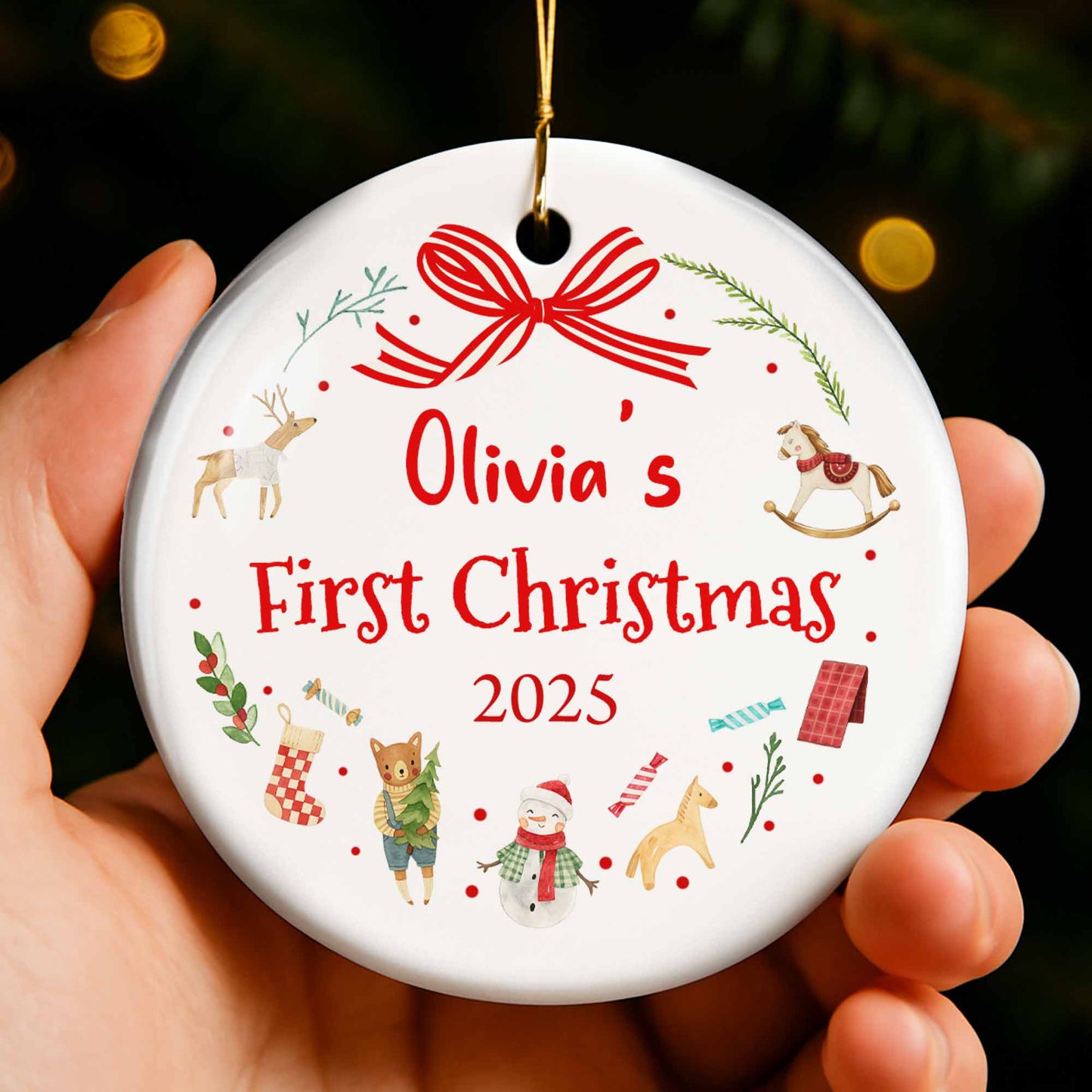 First Christmas With Reindeer, Rocking Horse, and Snowman