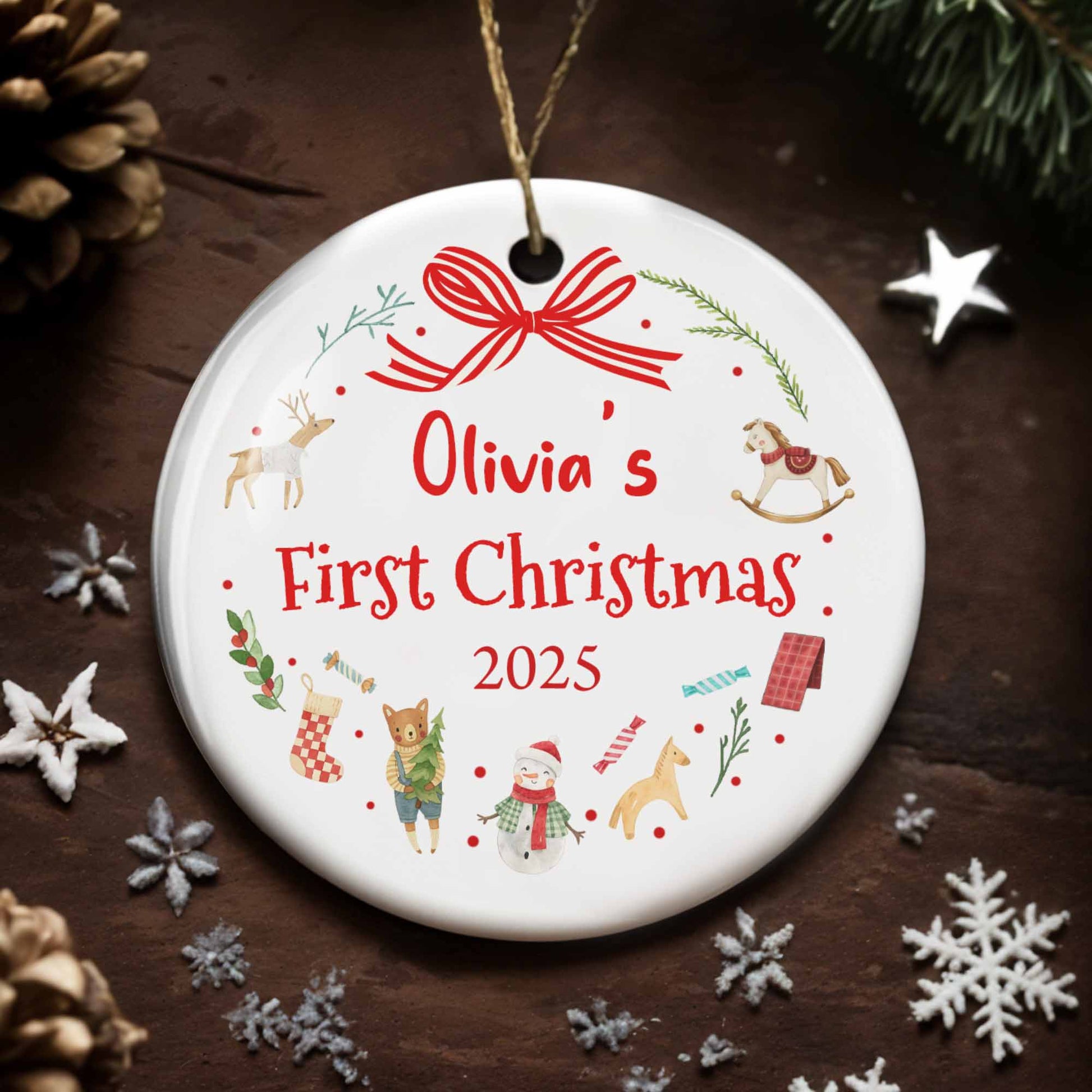 First Christmas With Reindeer, Rocking Horse, and Snowman