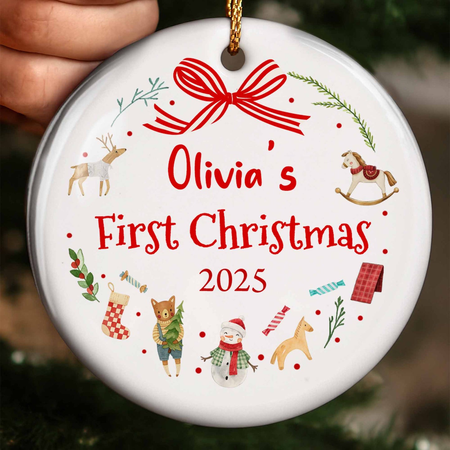 First Christmas With Reindeer, Rocking Horse, and Snowman