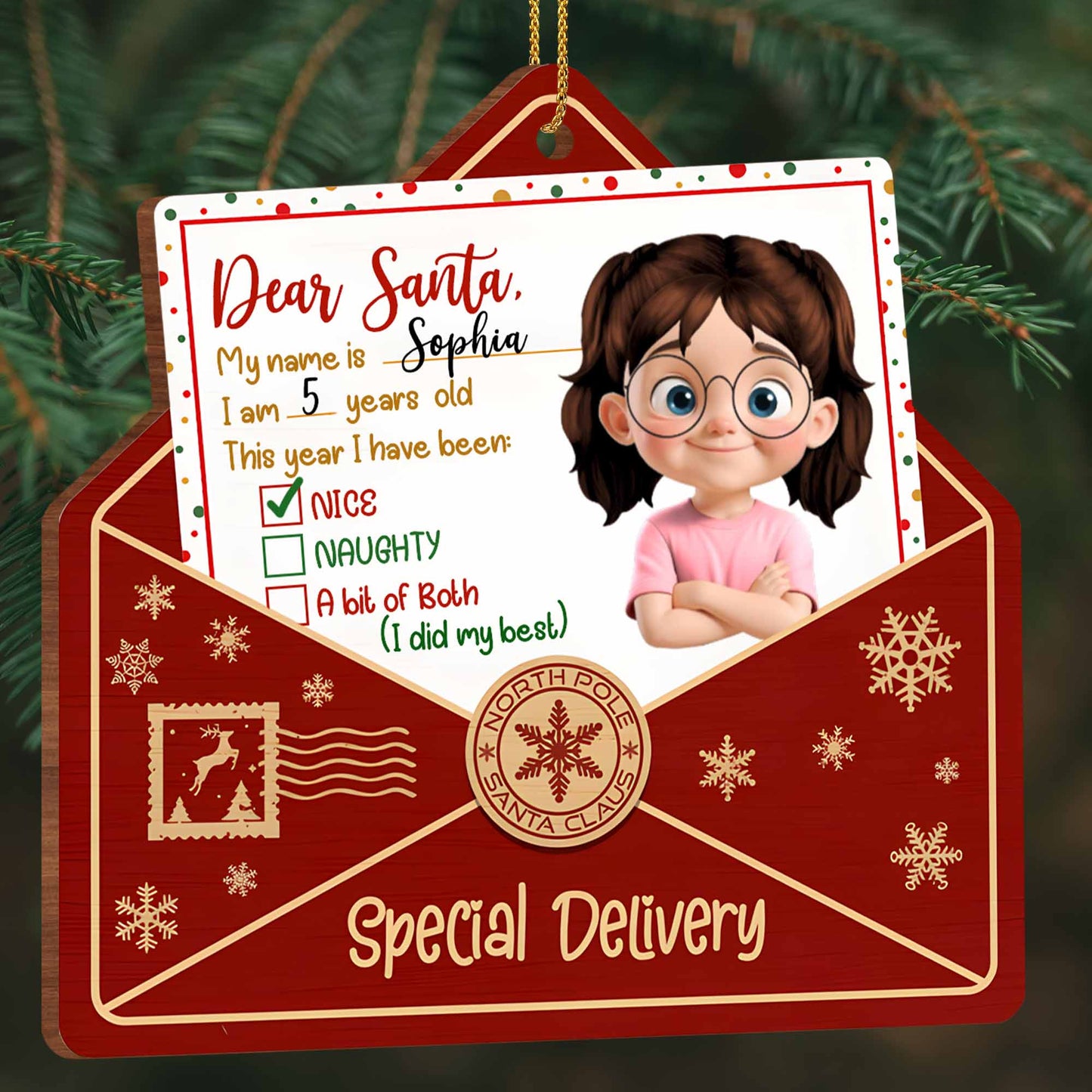 Dear Santa, This year I have been, Letter And Snowflakes Design - Personalized Custom Wood Ornament, Custom Shaped - XMAS085_WDO