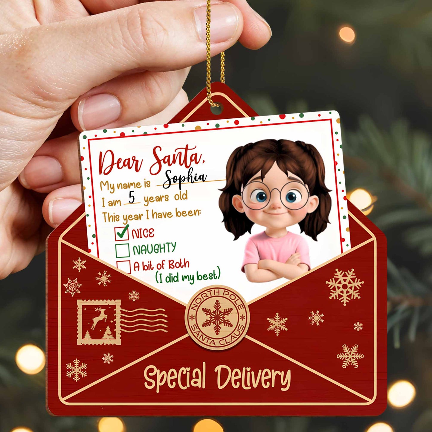 Dear Santa, This year I have been, Letter And Snowflakes Design - Personalized Custom Wood Ornament, Custom Shaped - XMAS085_WDO