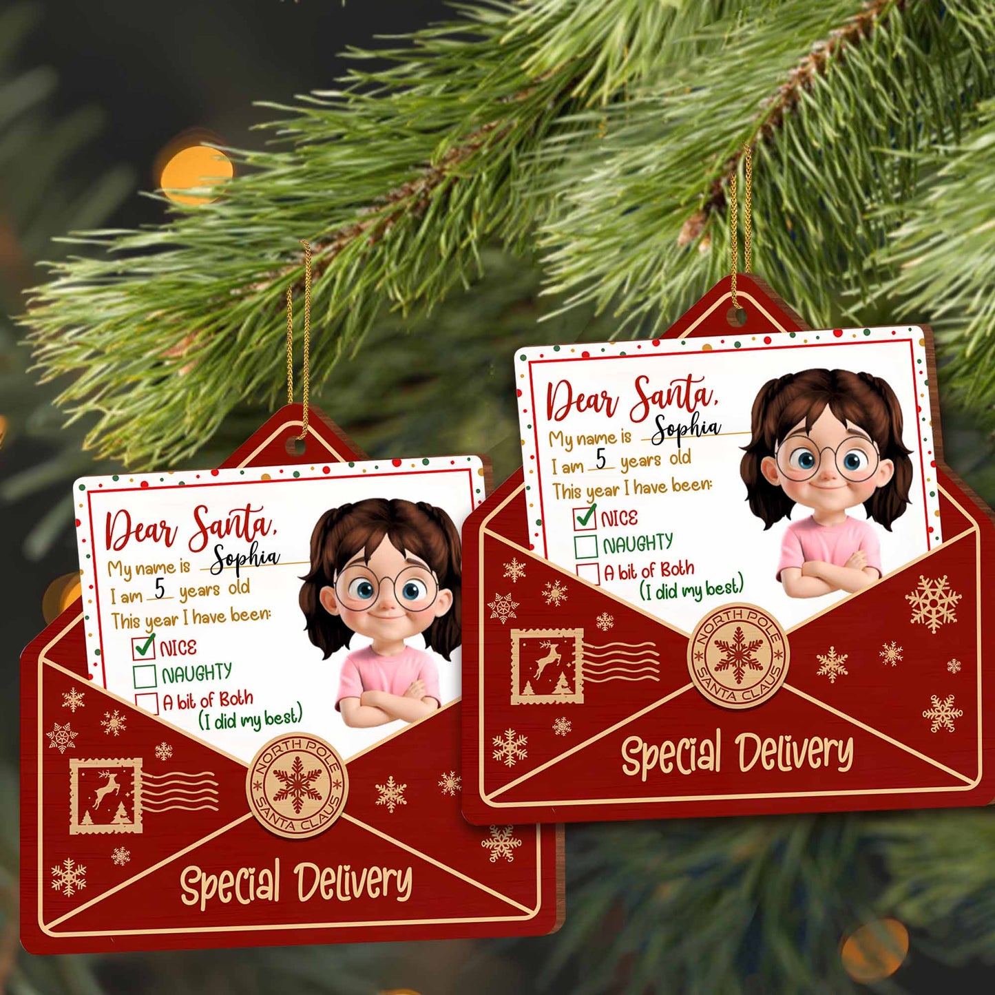 Dear Santa, This year I have been, Letter And Snowflakes Design - Personalized Custom Wood Ornament, Custom Shaped - XMAS085_WDO