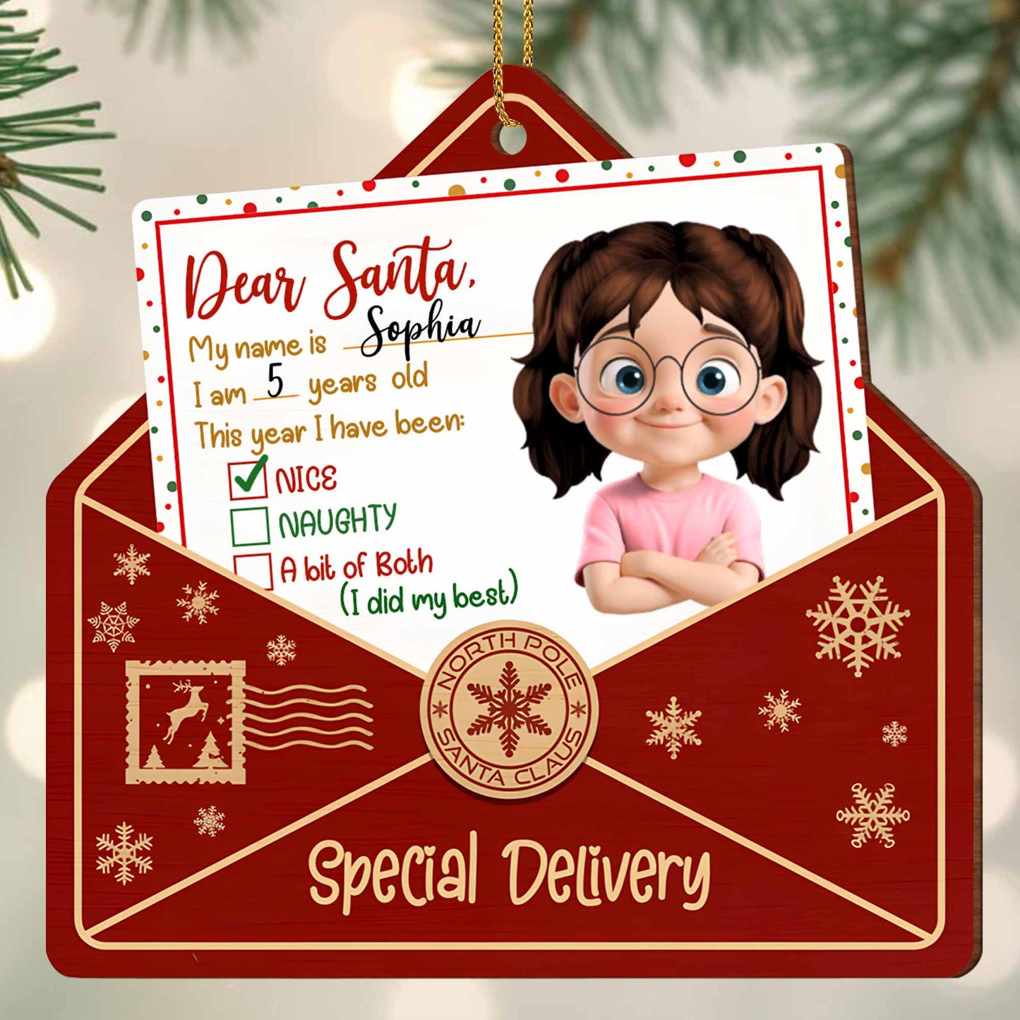 Dear Santa, This year I have been, Letter And Snowflakes Design - Personalized Custom Wood Ornament, Custom Shaped - XMAS085_WDO