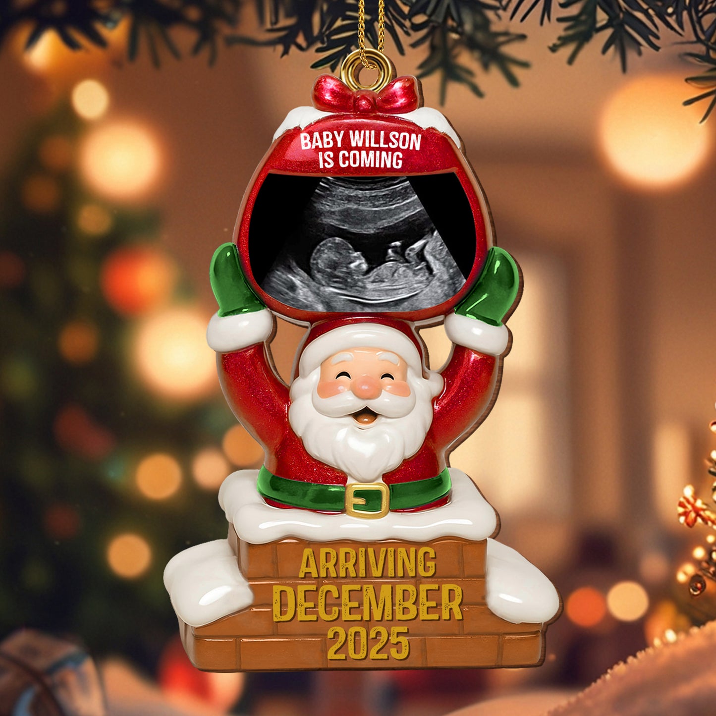 Baby Is Coming Arriving December, Santa Claus and Chimney Design