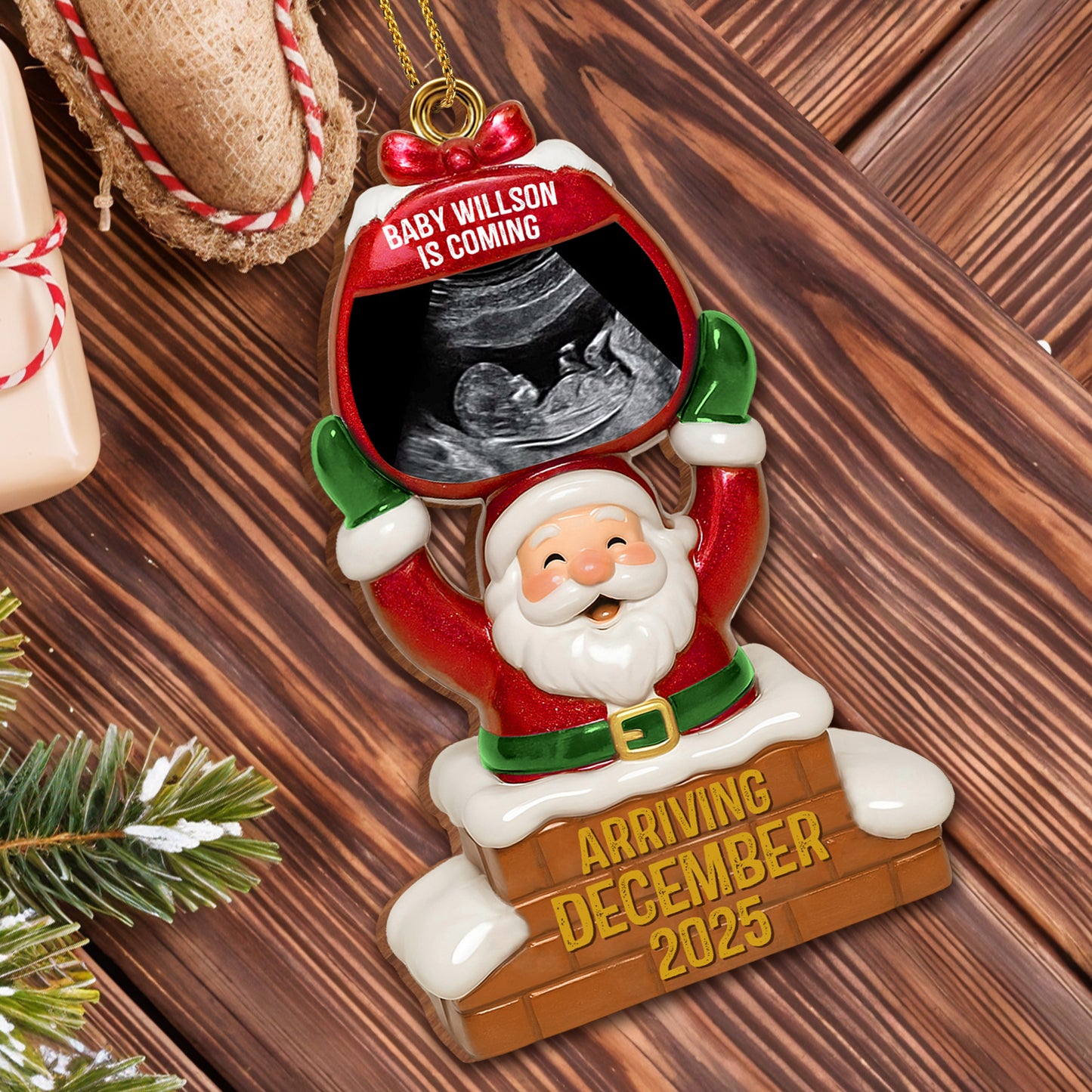 Baby Is Coming Arriving December, Santa Claus and Chimney Design