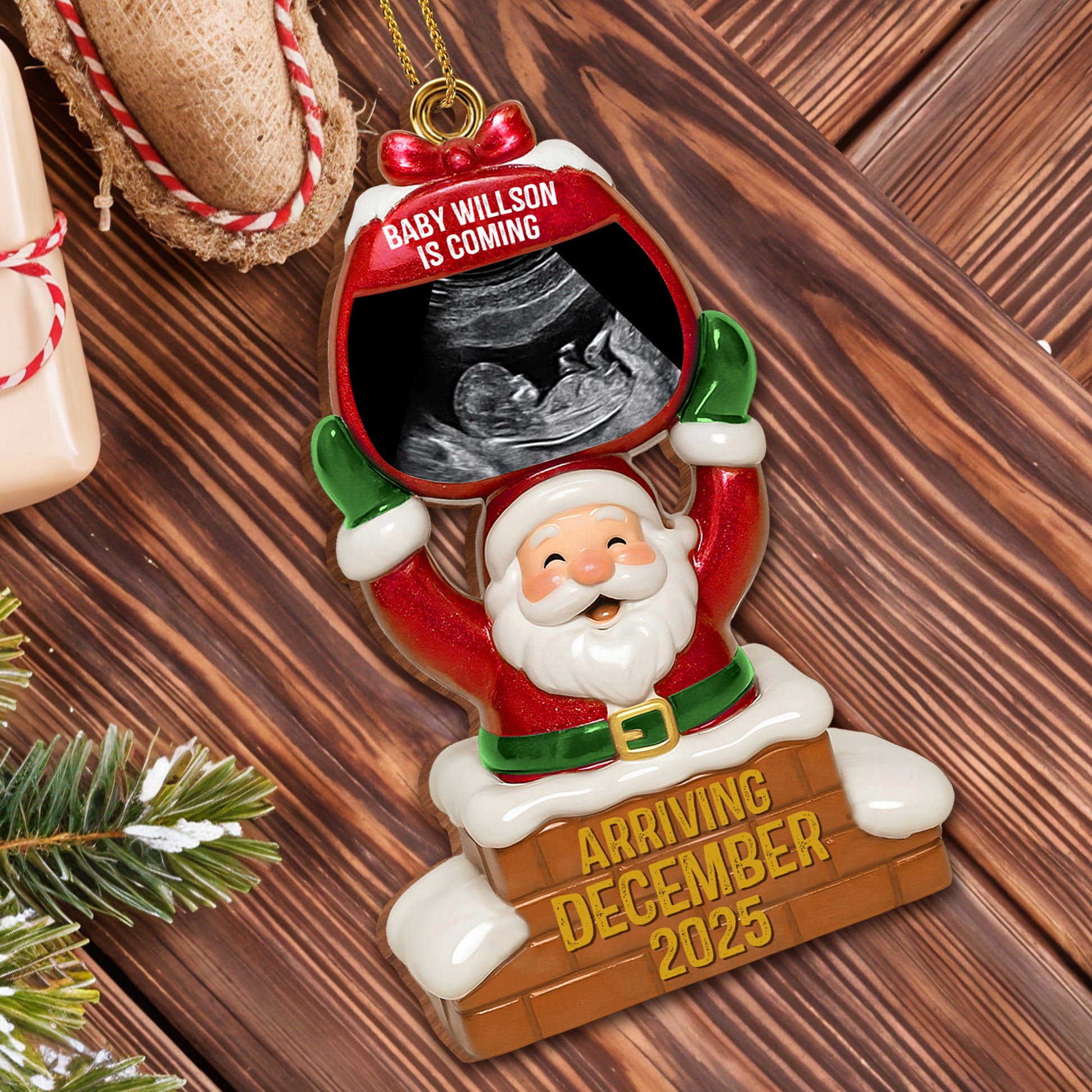 Baby Is Coming Arriving December, Santa Claus and Chimney Design
