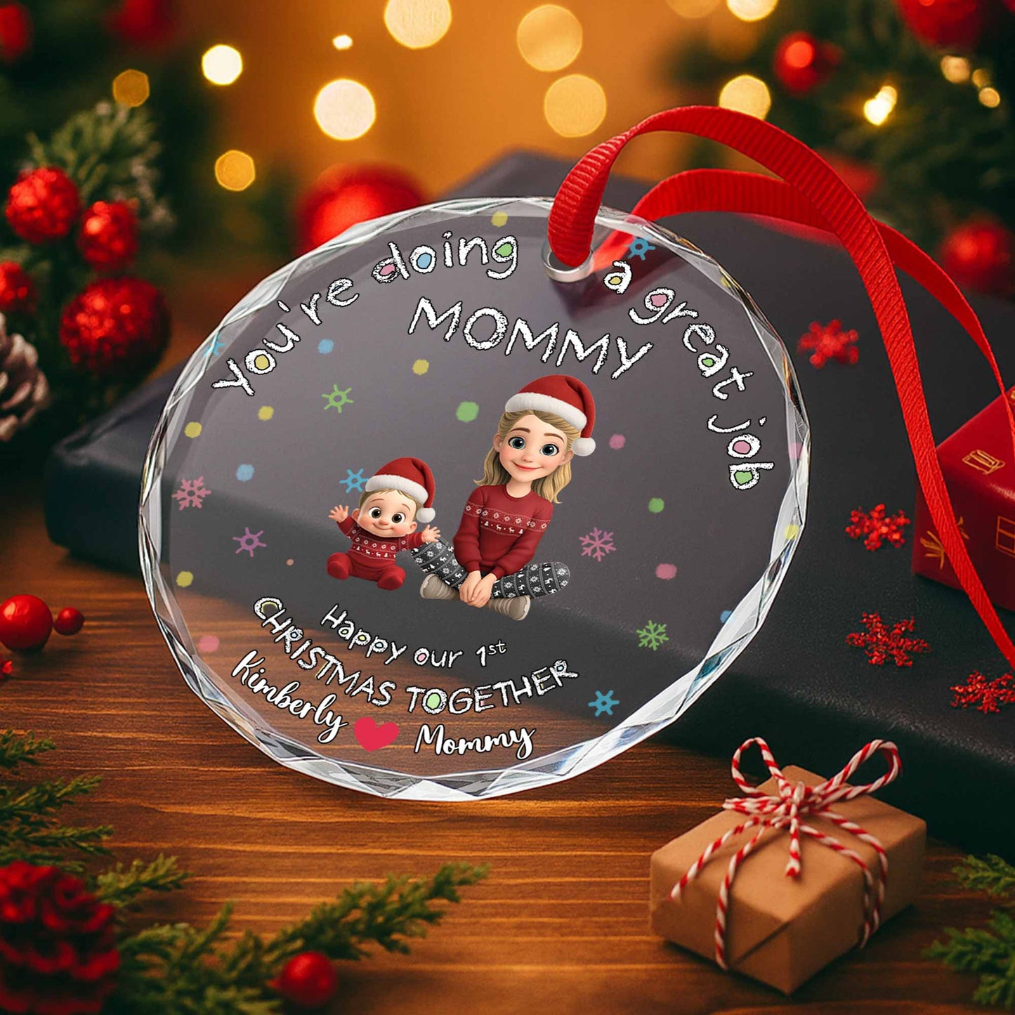 You're Doing a Great Job Mommy, Mother and Child in Christmas Outfits - Personalized Custom Circle Glass Ornament - XMAS095_CGOR