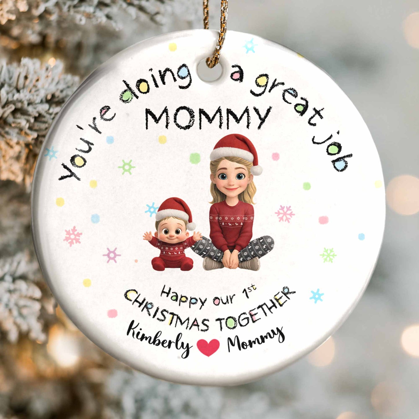 Doing A Great Job Mommy, First Christmas Together - Personalized Custom Ceramic Ornament With Round Shape - XMAS095_RCE
