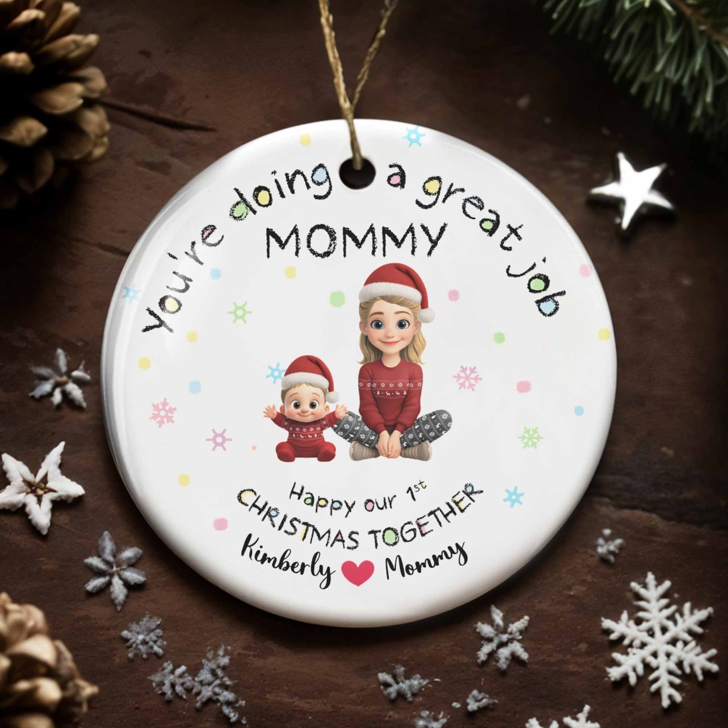 Doing A Great Job Mommy, First Christmas Together - Personalized Custom Ceramic Ornament With Round Shape - XMAS095_RCE