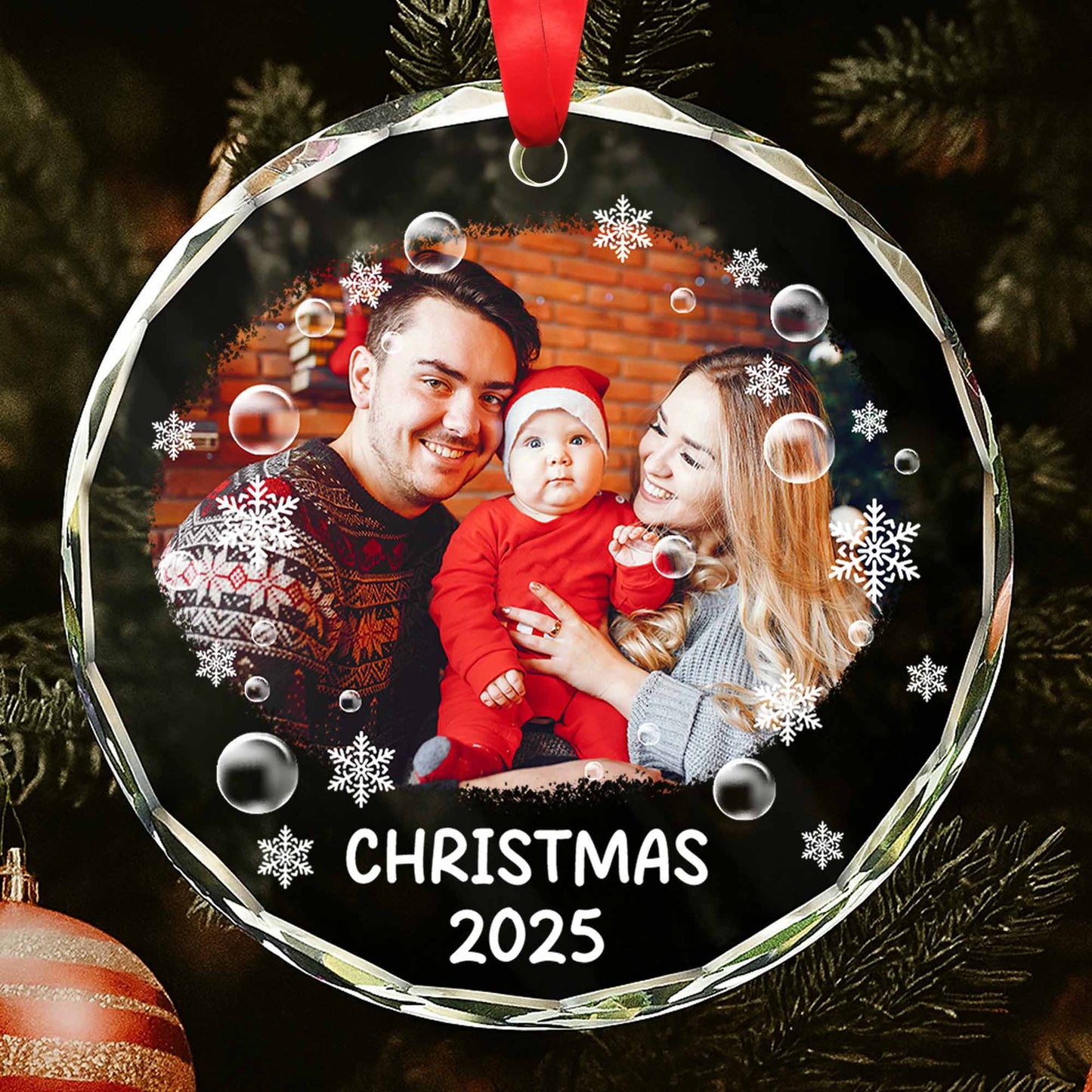 Christmas 2025 With Santa Hats And Snowflakes - Personalized Custom Circle Glass Ornament - XMAS107_CGOR