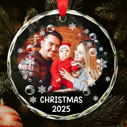 Christmas 2025 With Santa Hats And Snowflakes - Personalized Custom Circle Glass Ornament - XMAS107_CGOR