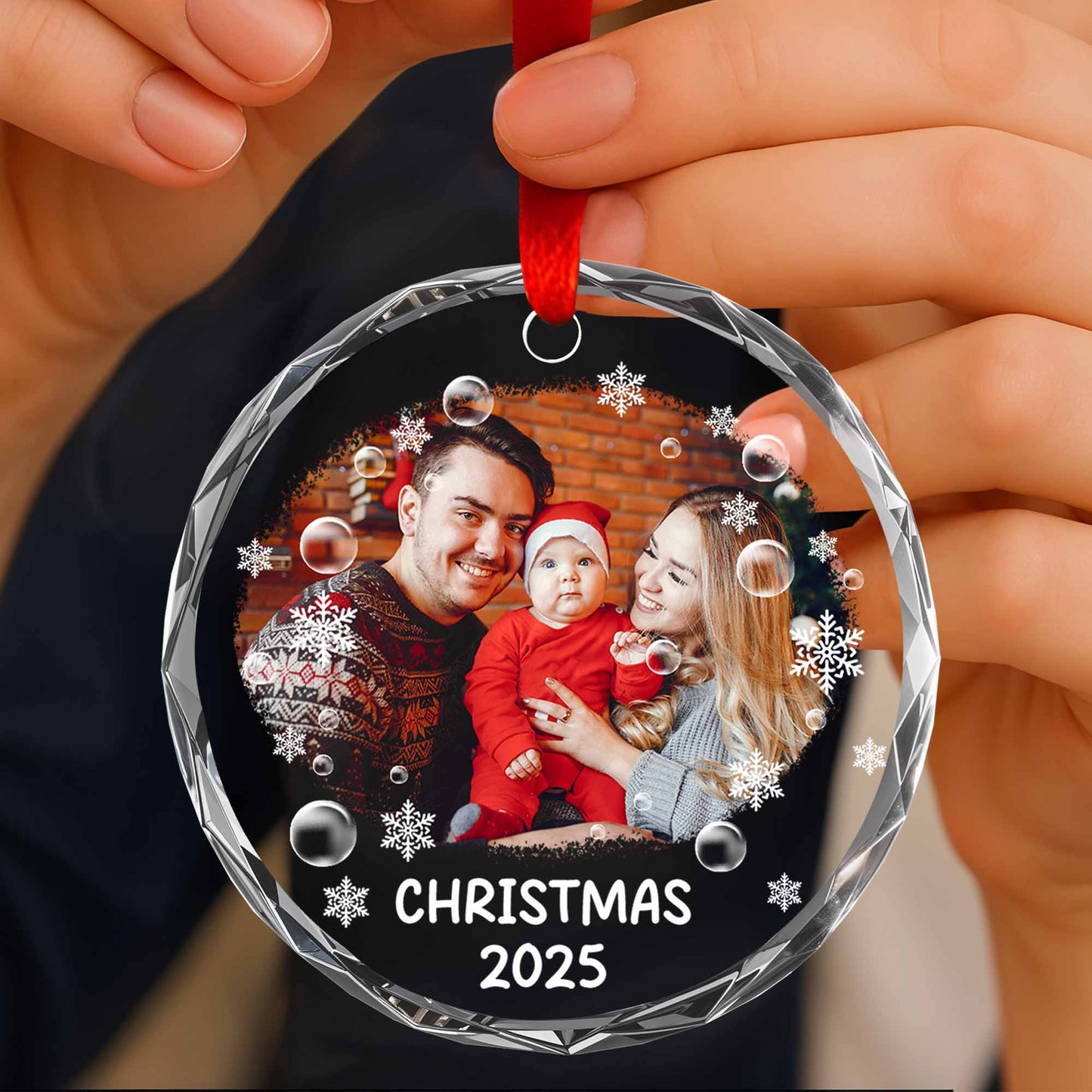 Christmas 2025 With Santa Hats And Snowflakes - Personalized Custom Circle Glass Ornament - XMAS107_CGOR