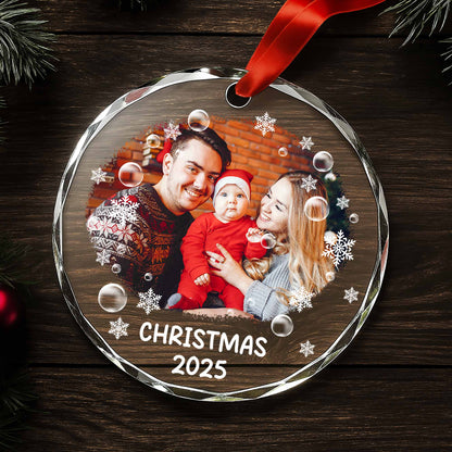 Christmas 2025 With Santa Hats And Snowflakes - Personalized Custom Circle Glass Ornament - XMAS107_CGOR