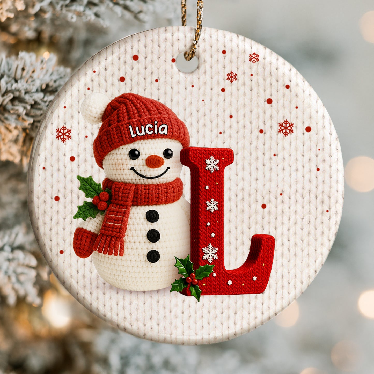 Personalized Snowman Ornament, Holly And Snowflakes