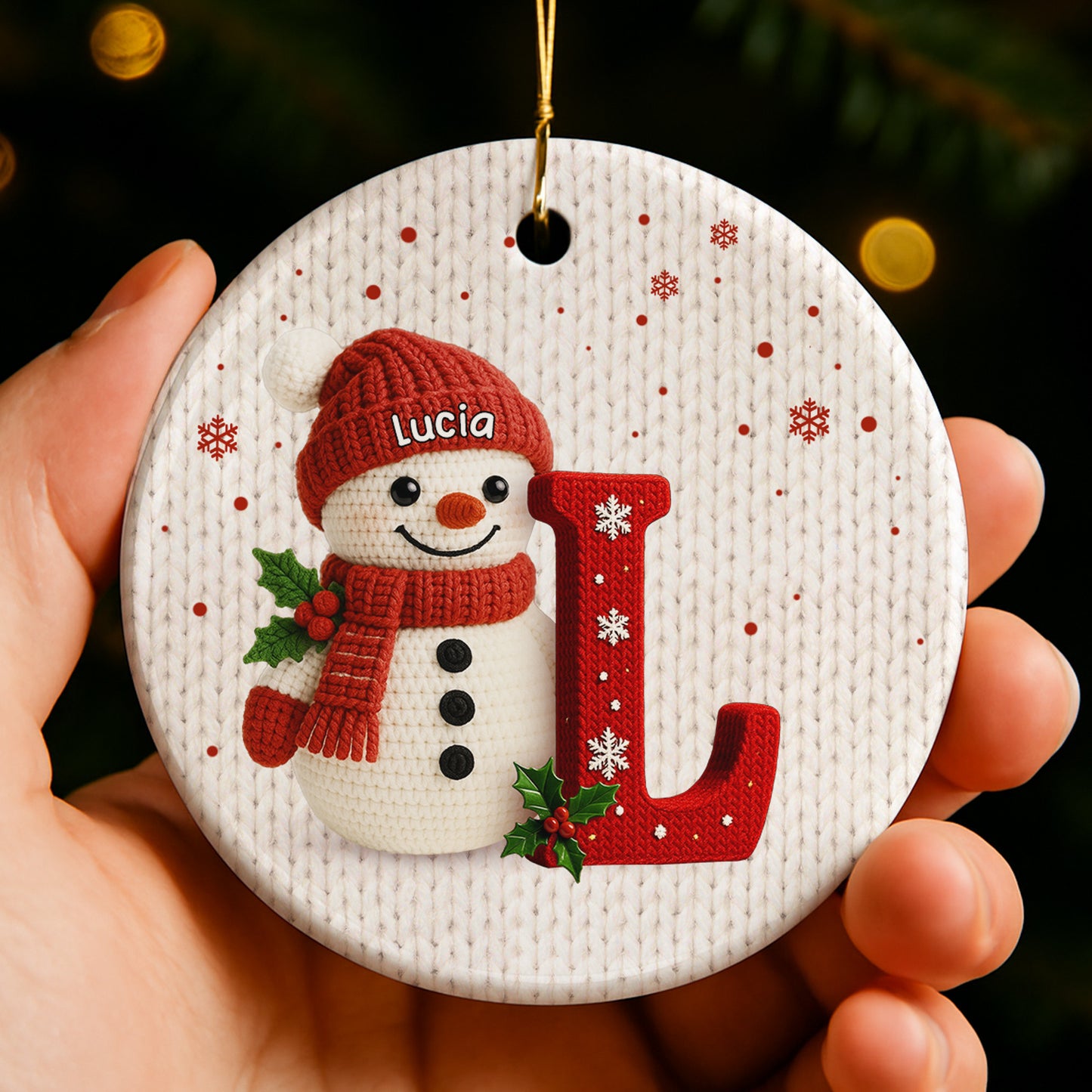 Personalized Snowman Ornament, Holly And Snowflakes
