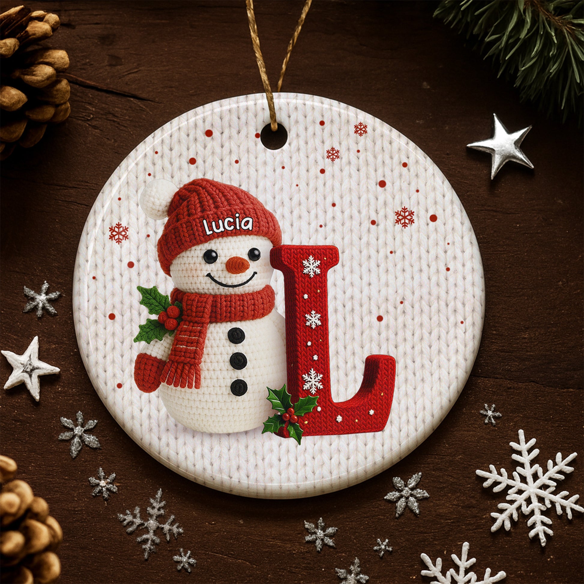 Personalized Snowman Ornament, Holly And Snowflakes
