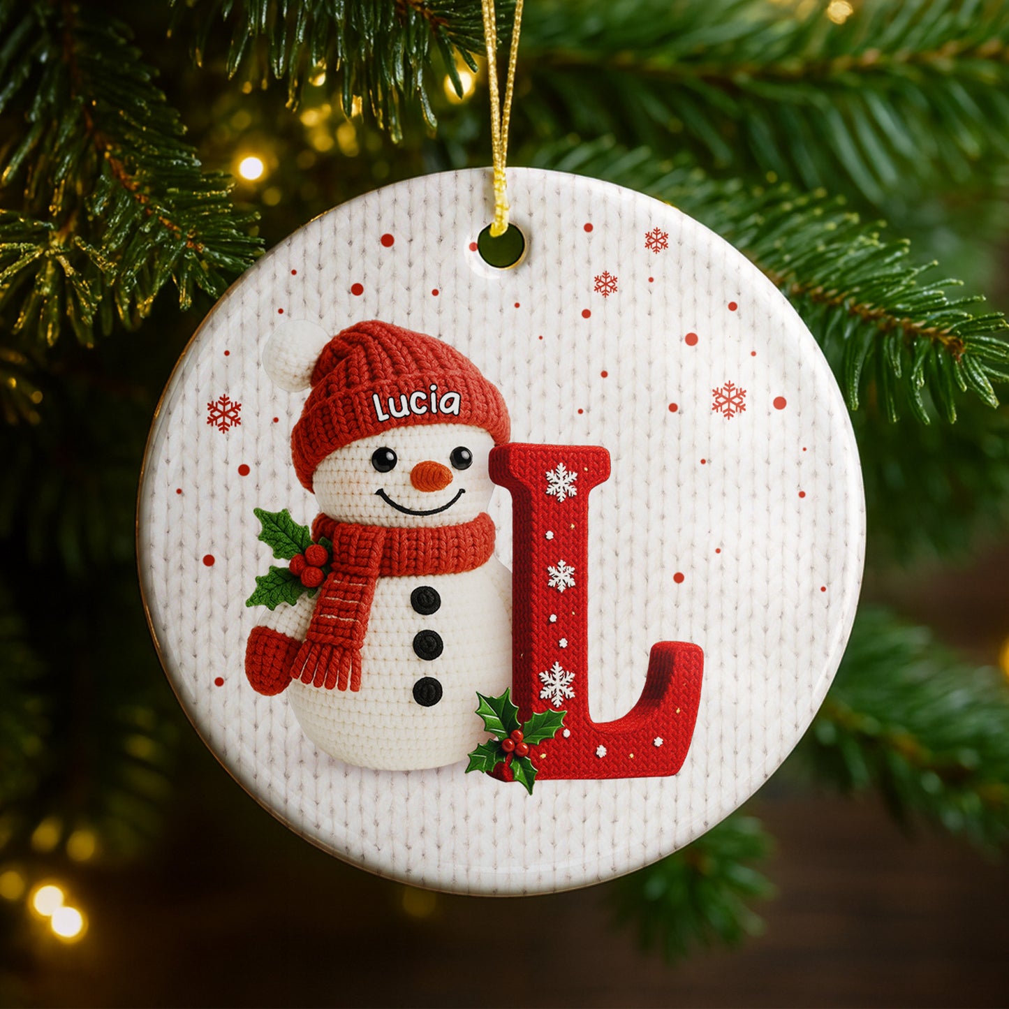 Personalized Snowman Ornament, Holly And Snowflakes
