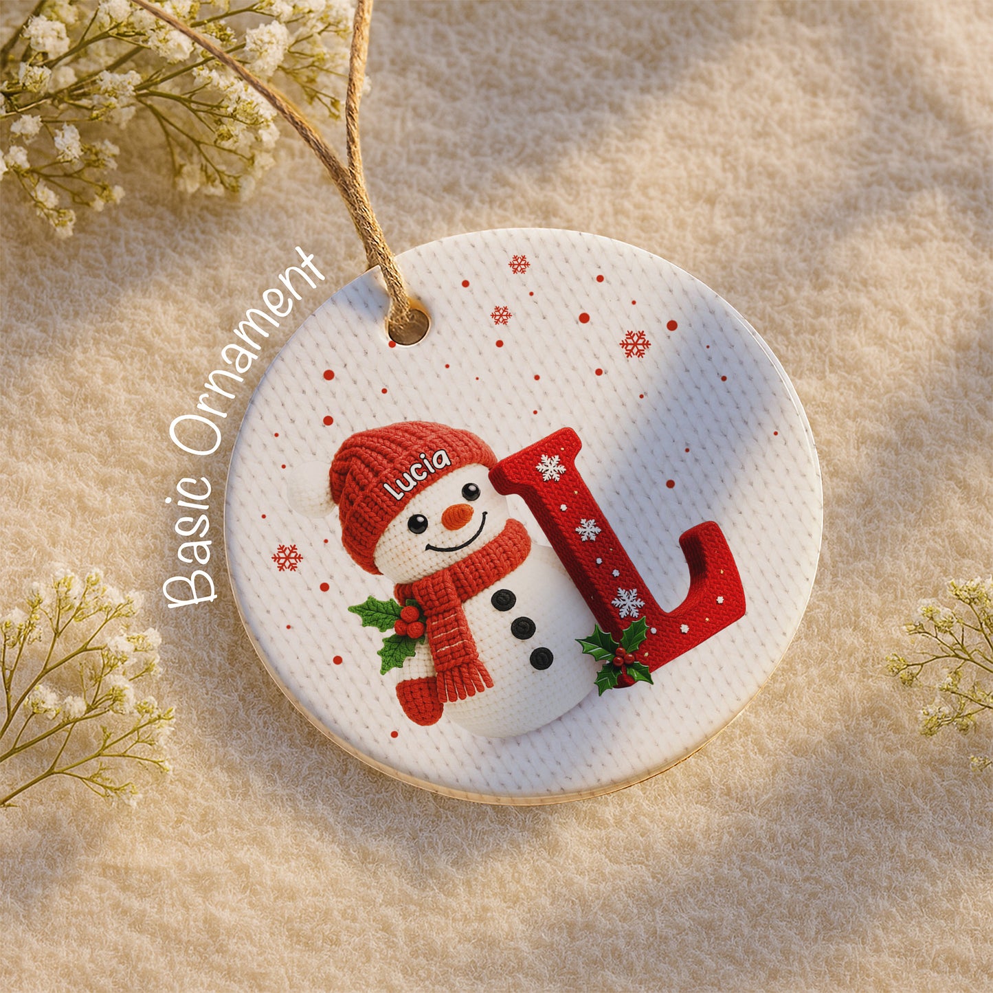 Personalized Snowman Ornament, Holly And Snowflakes