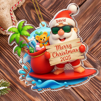 Merry Christmas Santa On Surfboard With Gifts