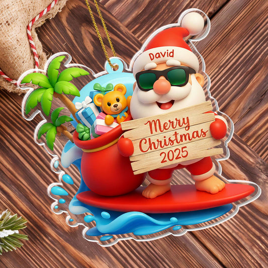 Merry Christmas Santa On Surfboard With Gifts