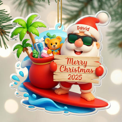 Merry Christmas Santa On Surfboard With Gifts
