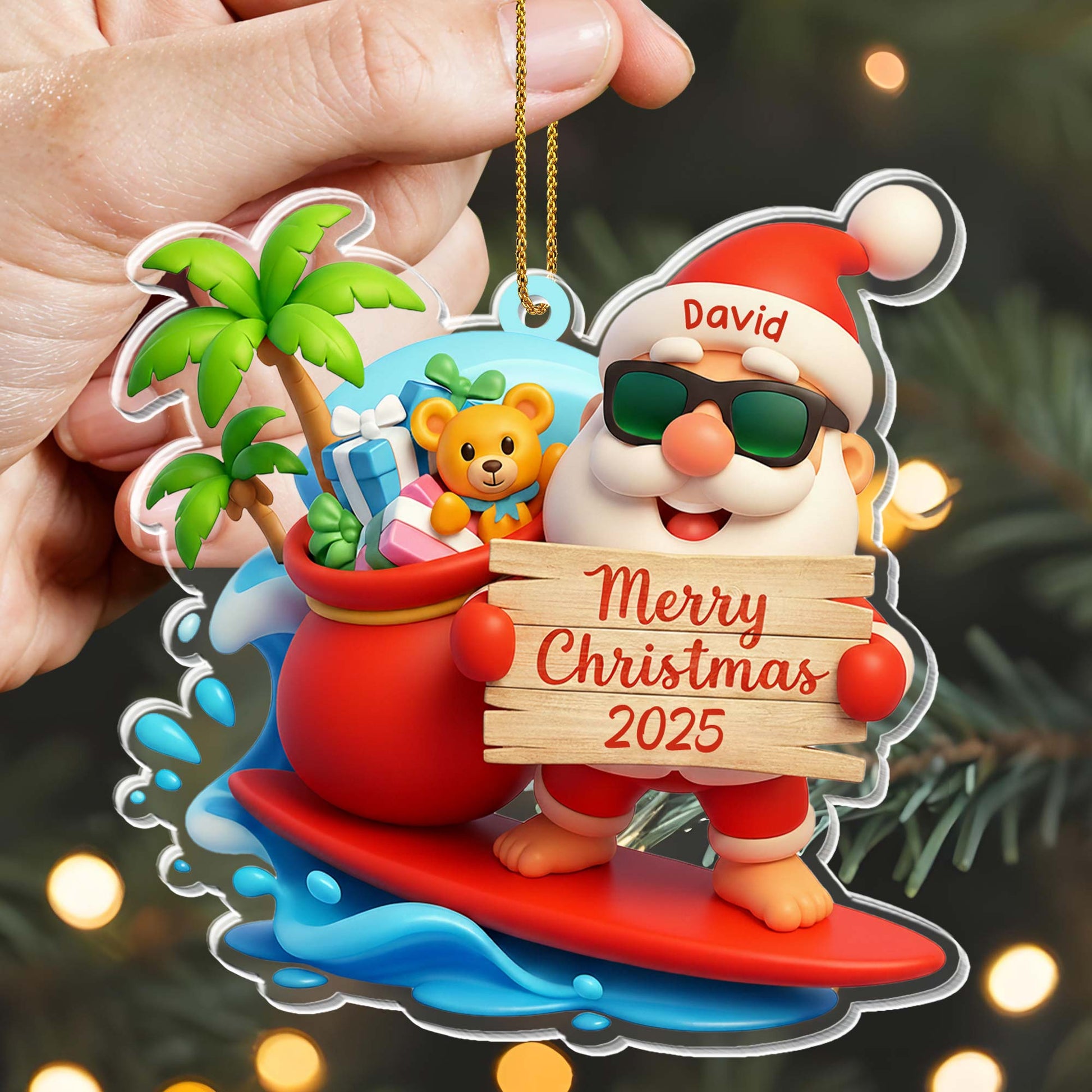 Merry Christmas Santa On Surfboard With Gifts