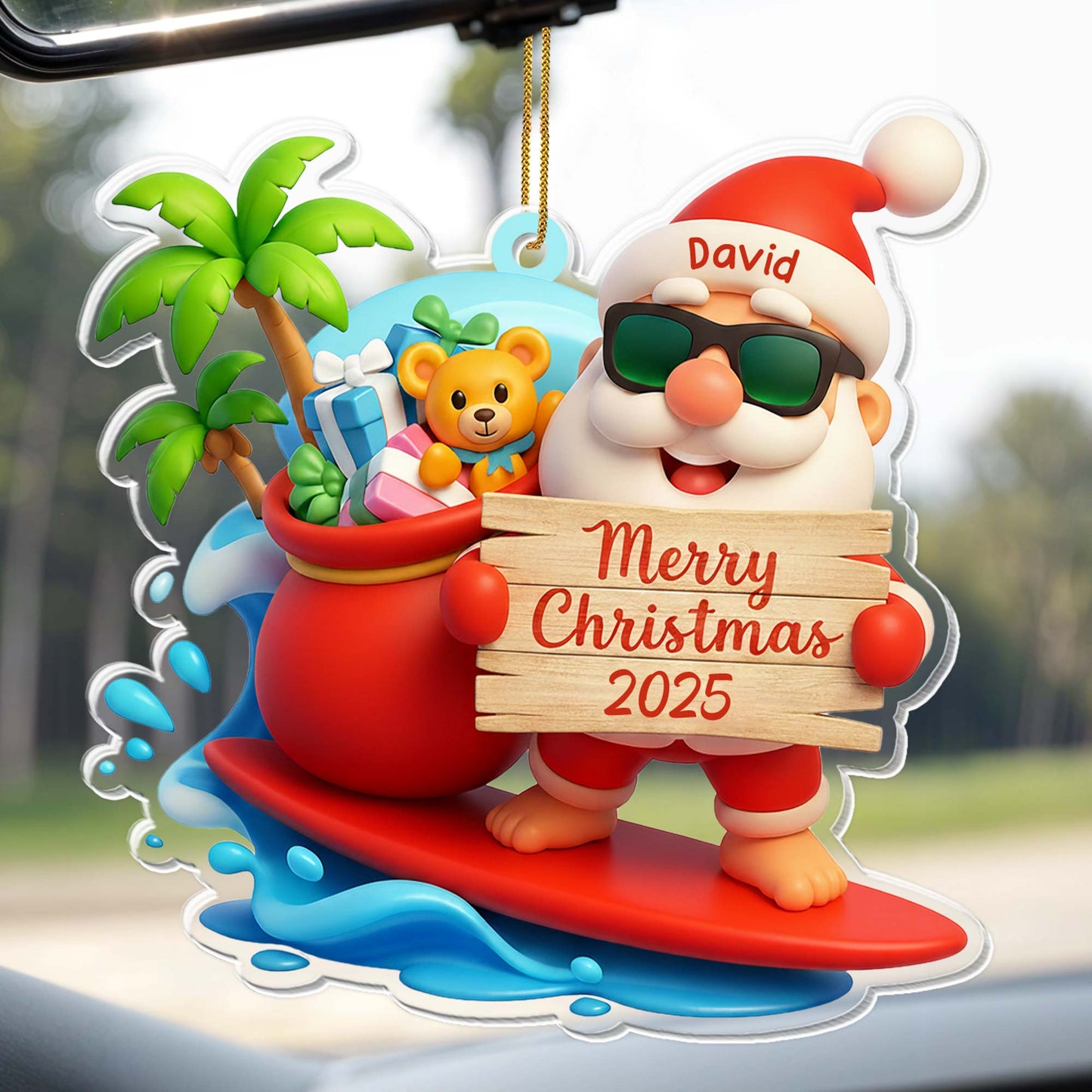 Merry Christmas Santa On Surfboard With Gifts