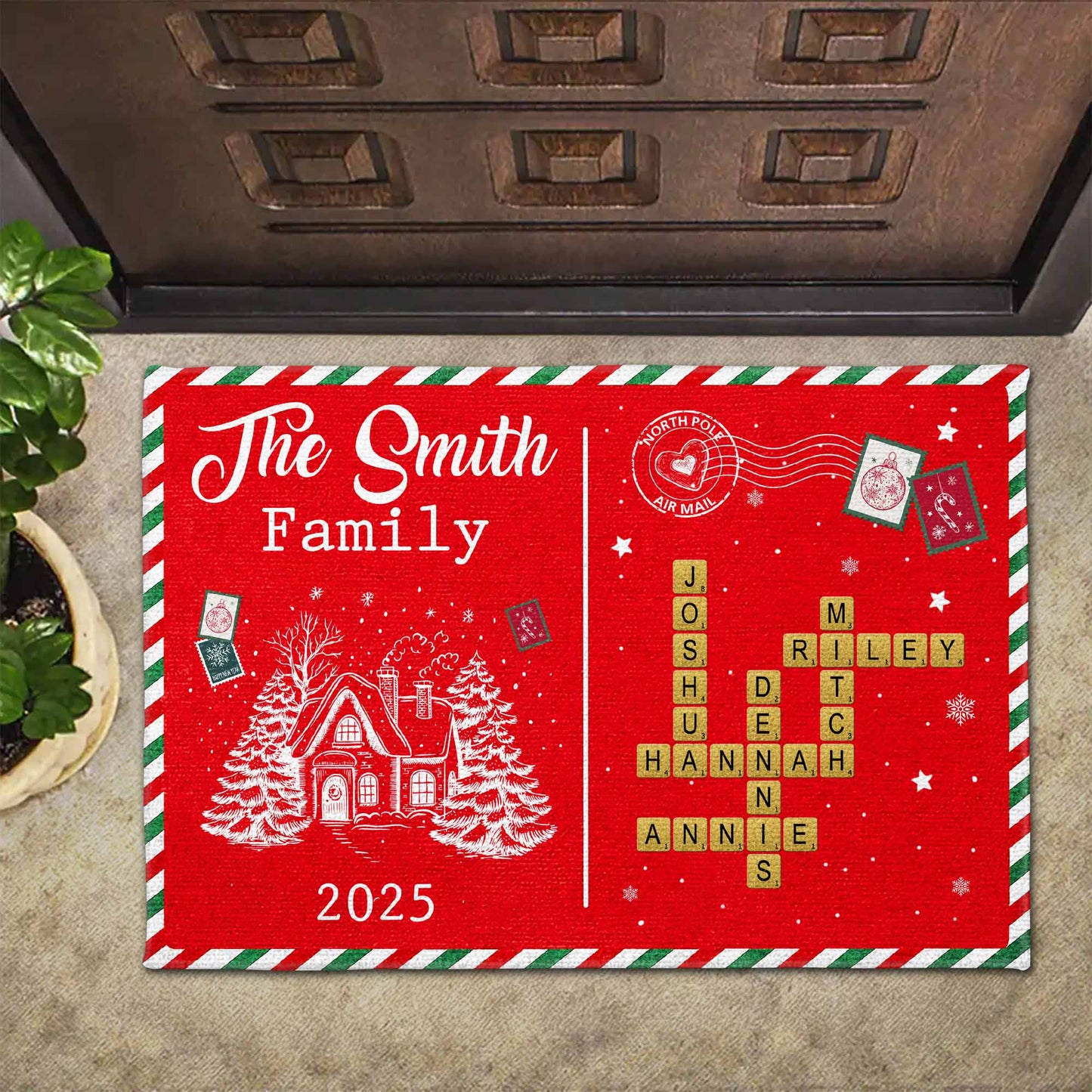 The [Family Name] Family Christmas House and Snowflakes Doormat