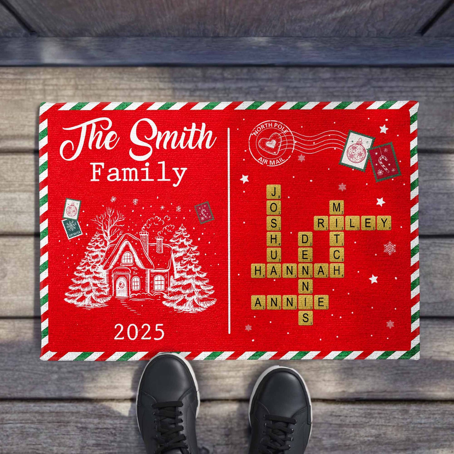 The [Family Name] Family Christmas House and Snowflakes Doormat