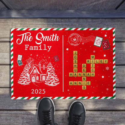 The [Family Name] Family Christmas House and Snowflakes Doormat